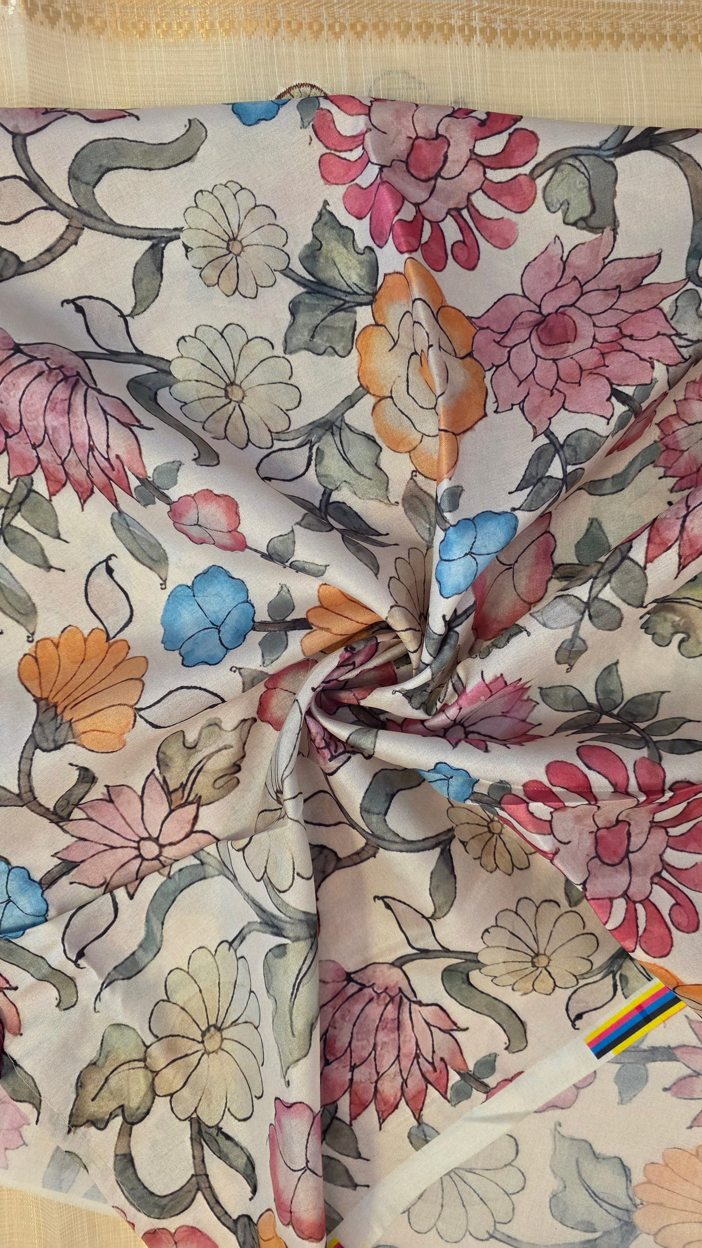 Ivory Linen silk Kalamkari applique | Saree