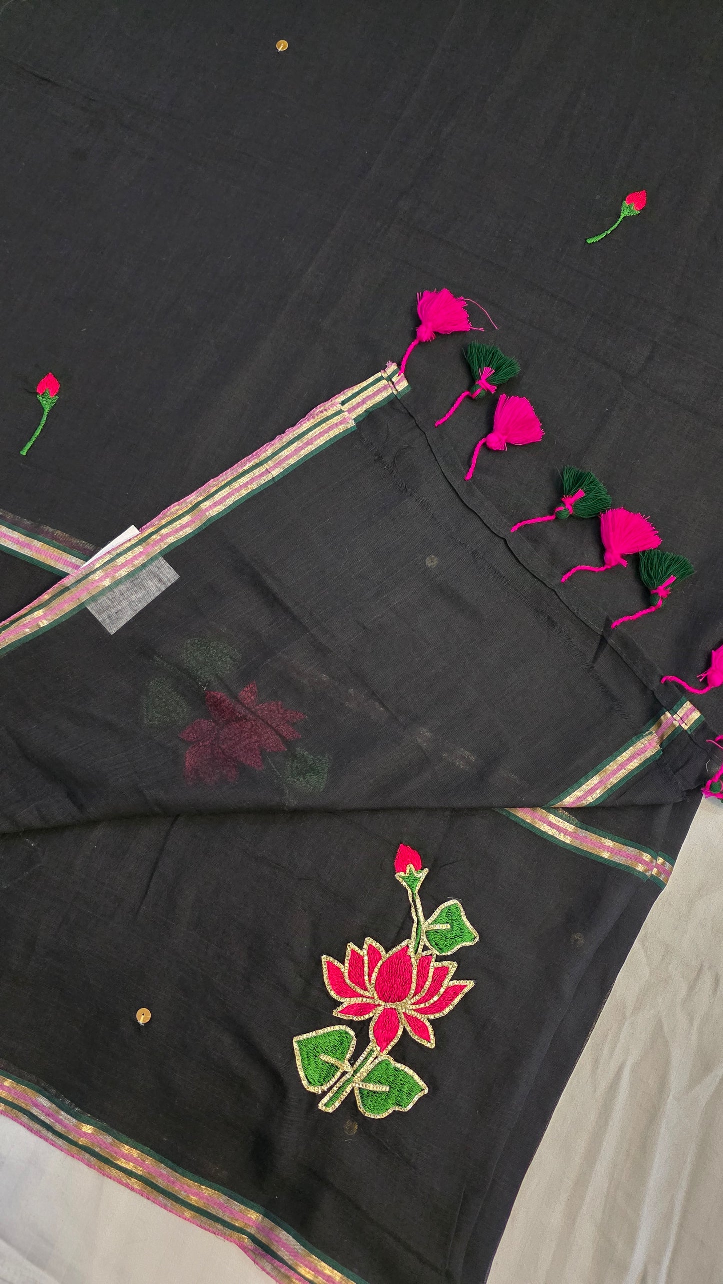 Black mulmul cotton | Lotus embroidery