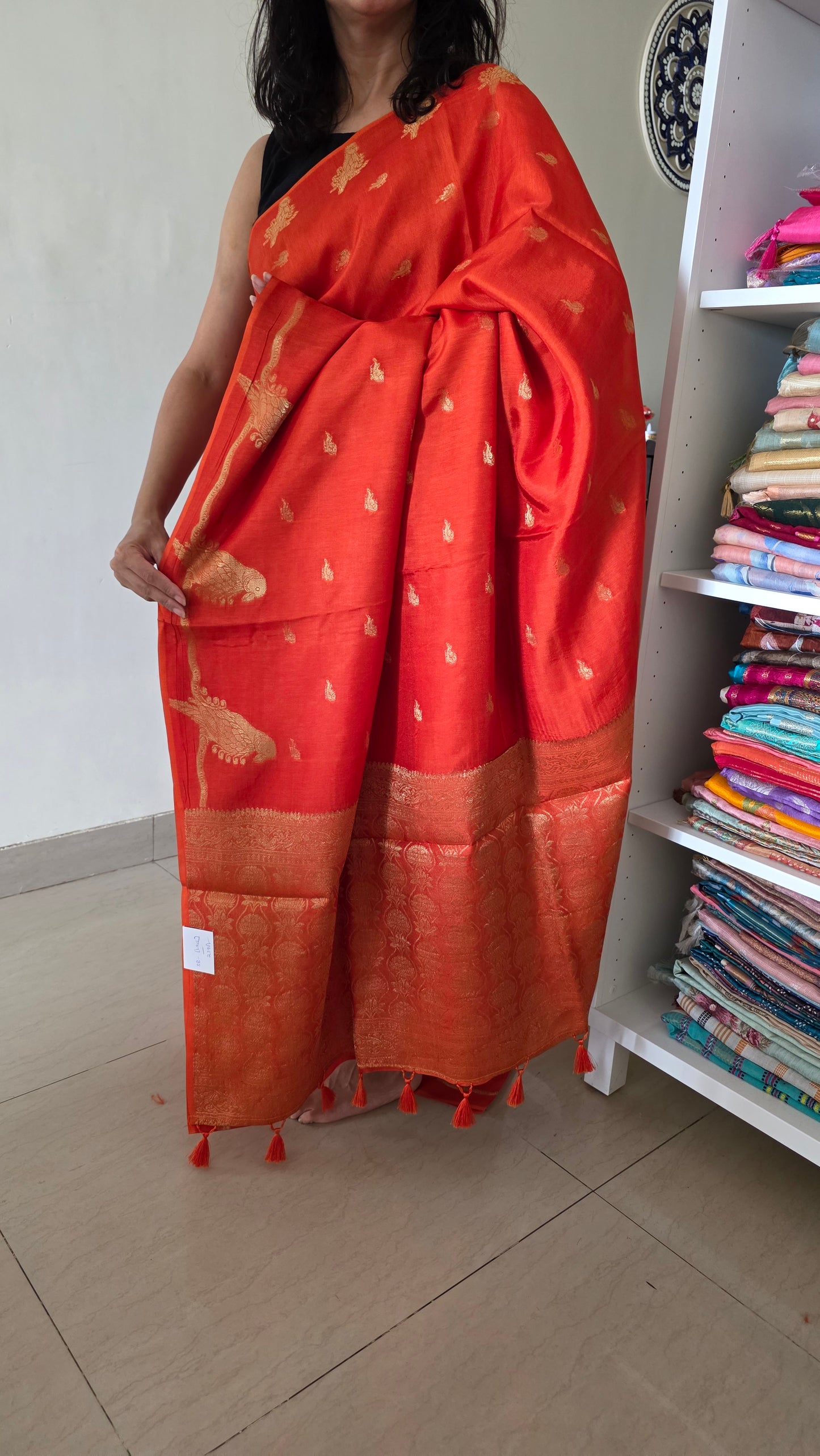 Orange Banarasi silk bird weave