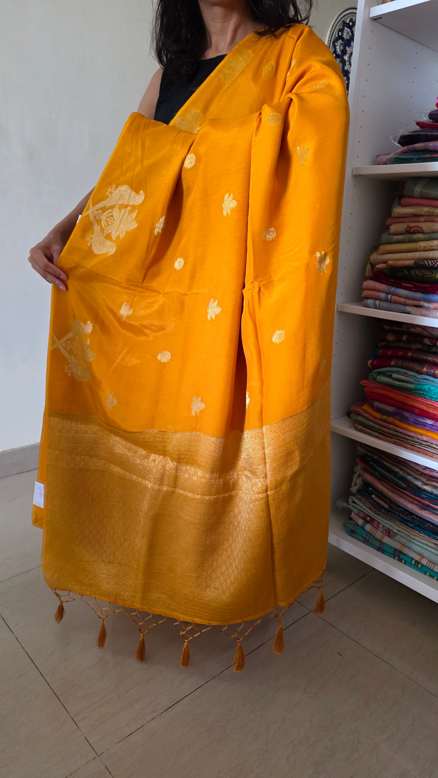 Yellow Semi Banarasi silk bird weave