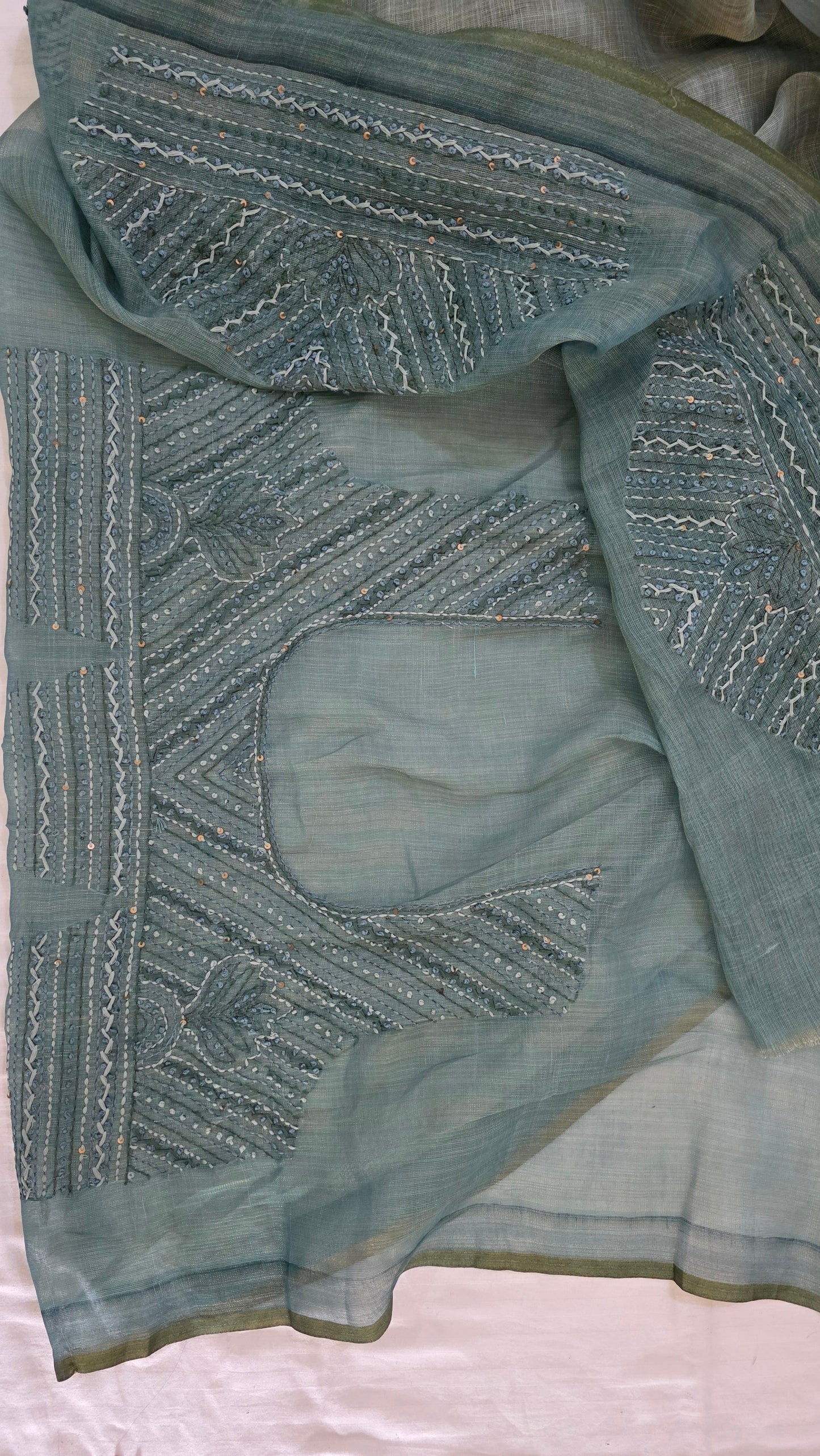 Teal Embroidered Linen Tissue Silk Saree