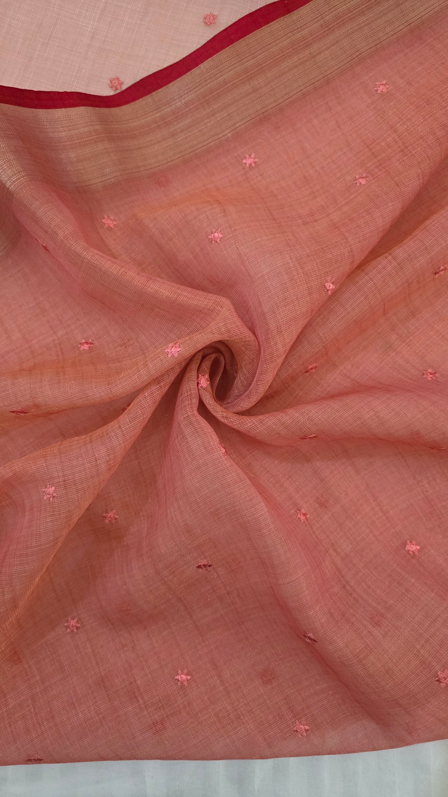 Coral Embroidered Linen Tissue Silk Saree