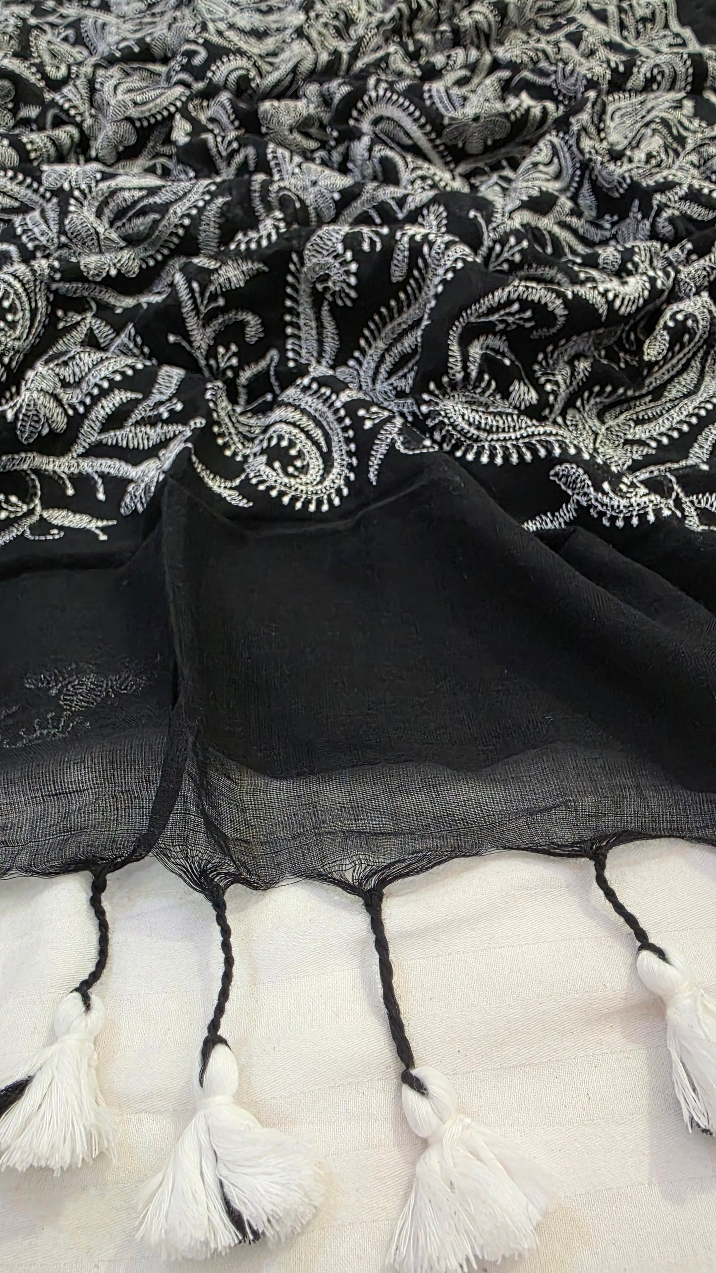 Black and white Mulmul Chikankari embroidery Saree