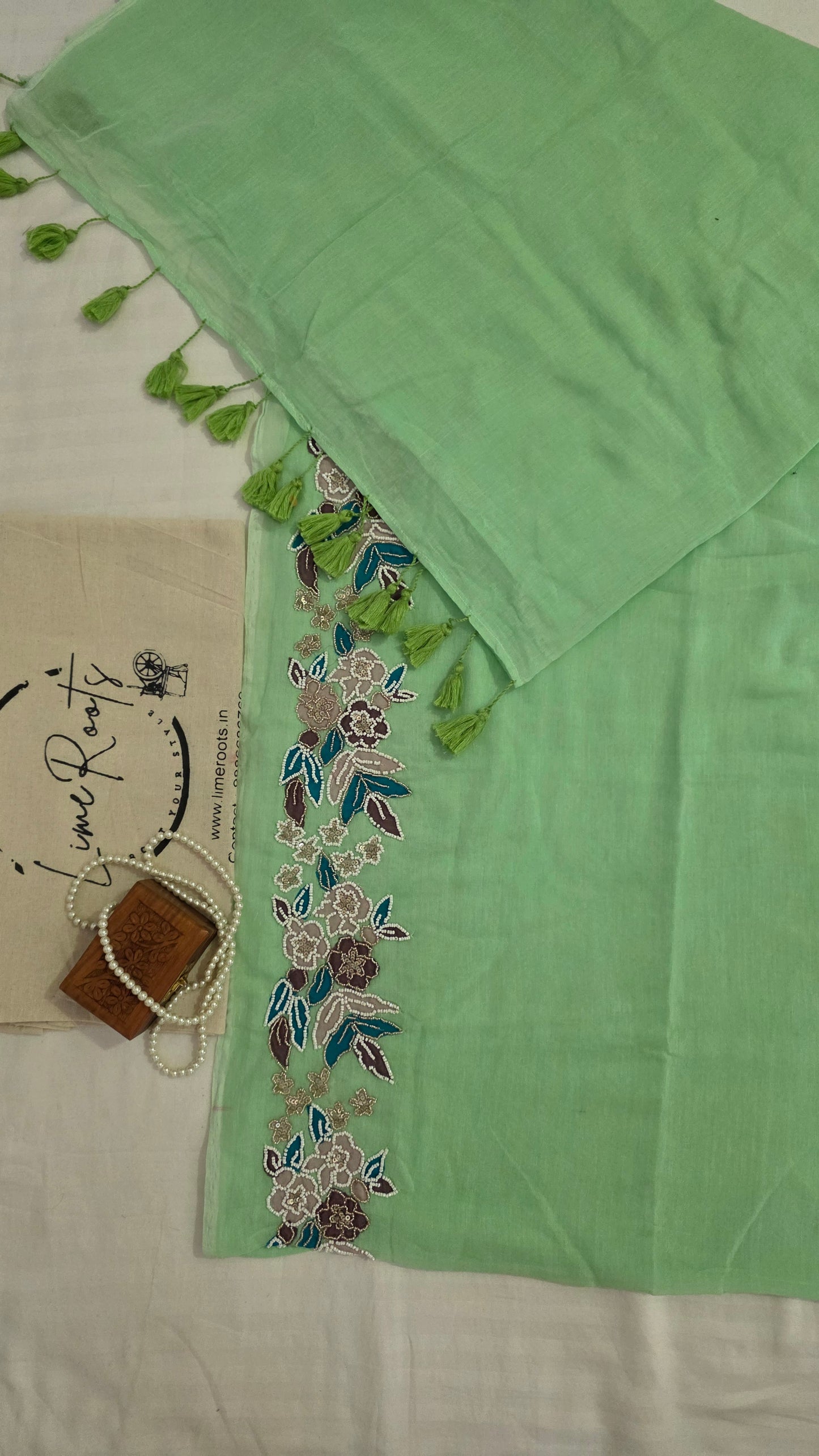 Green Hand-embroidered mulmul saree