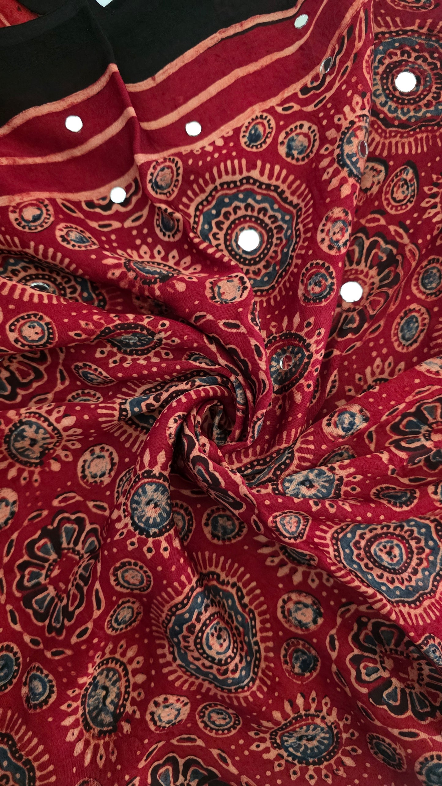 Red ajrakh modal silk mirror work Saree