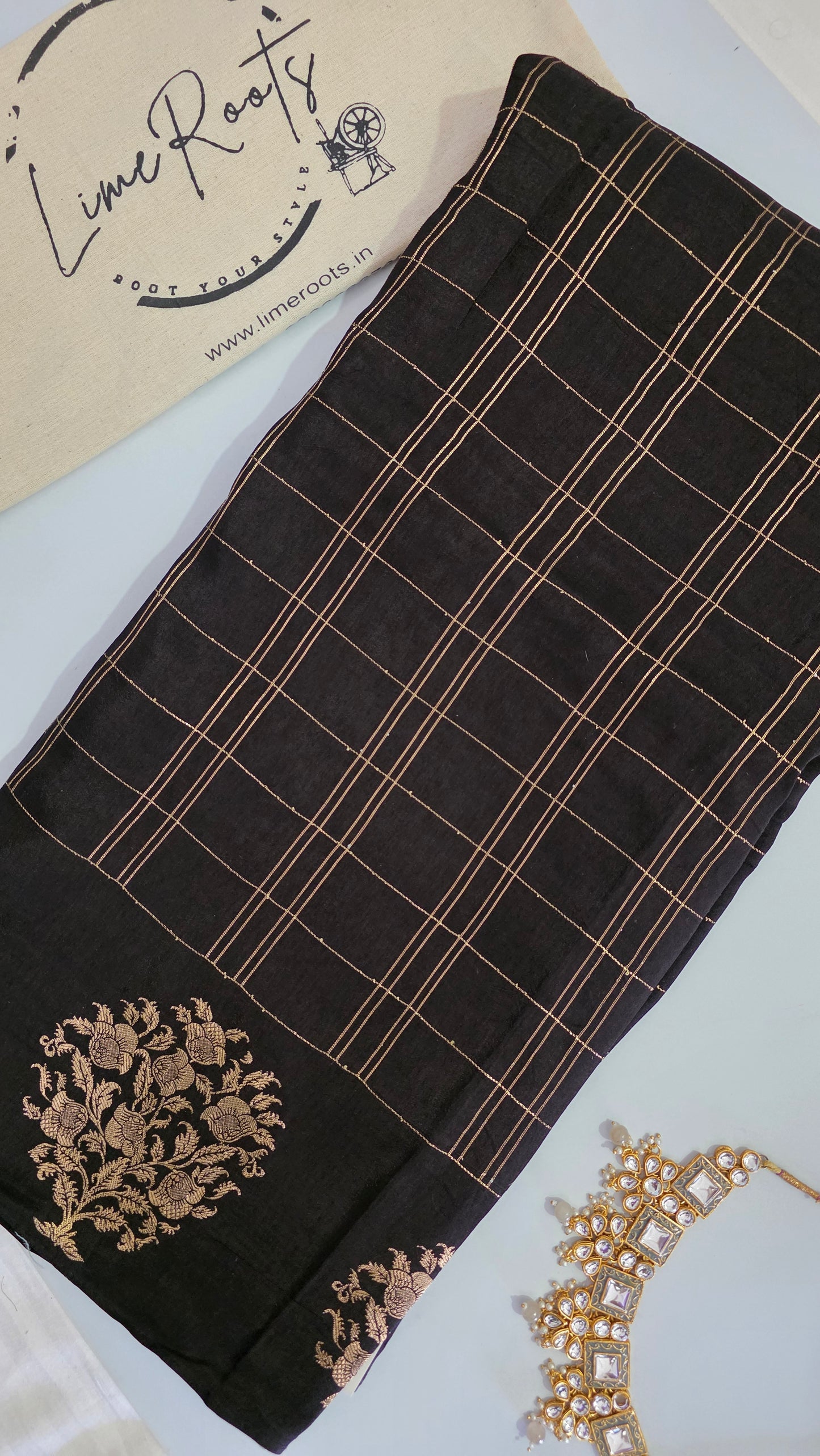 Black Checks Tussar silk Saree