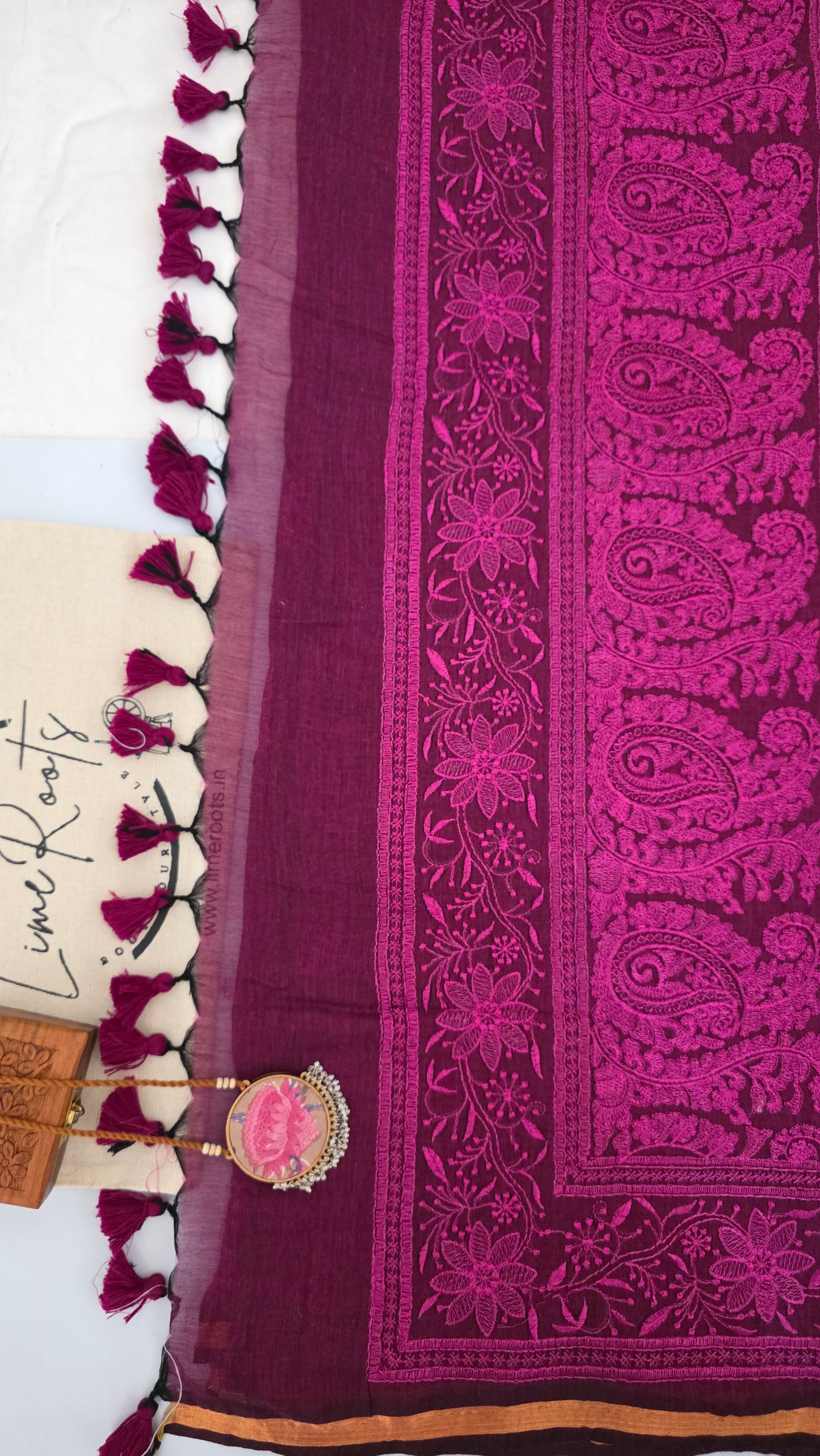 Magenta Mulmul Chikankari embroidery Saree