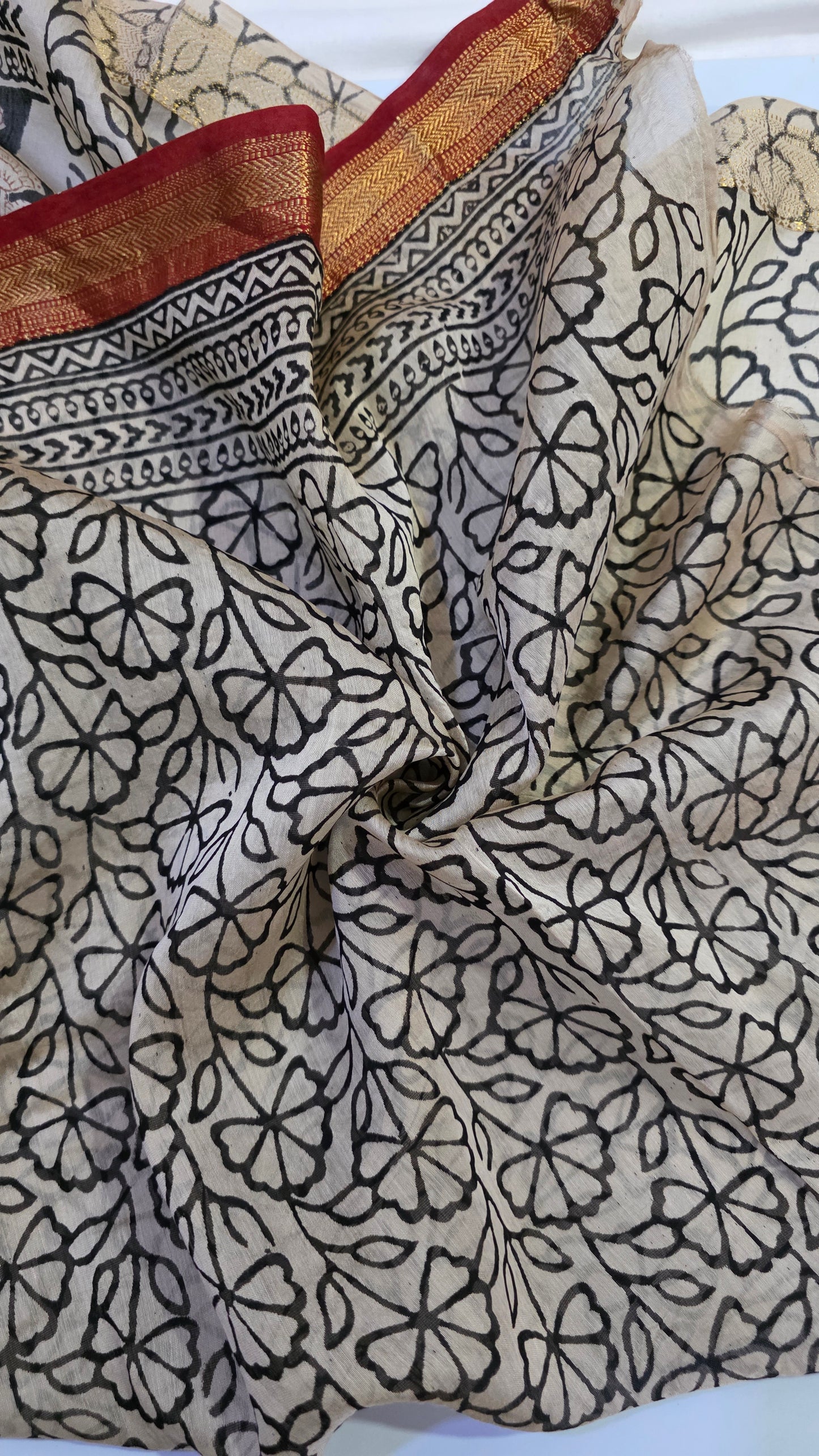 Black Handblocked Printed Maheshwari Silk Saree