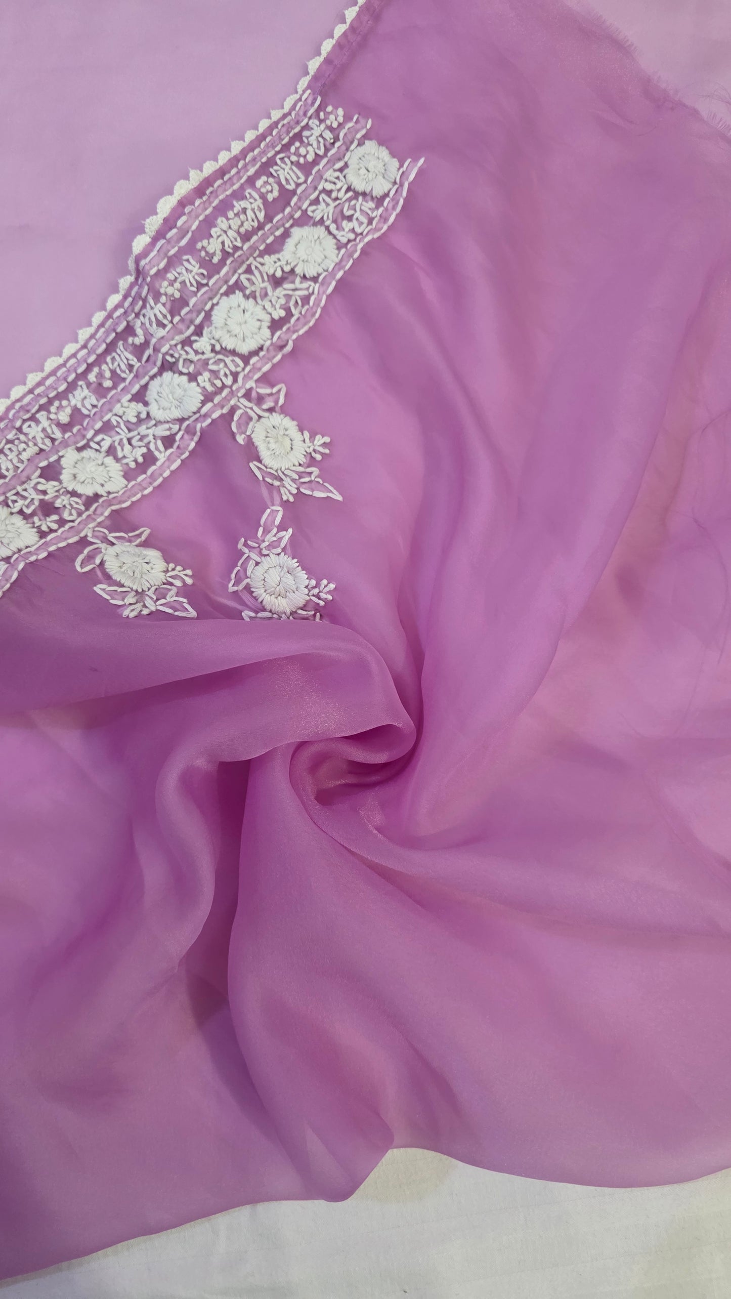 Lavender organza saree with Chikankari embroidery