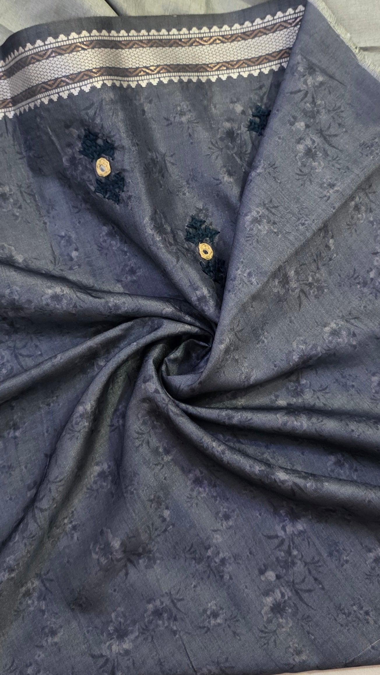 Grey hand embroidery tussar Silk Saree