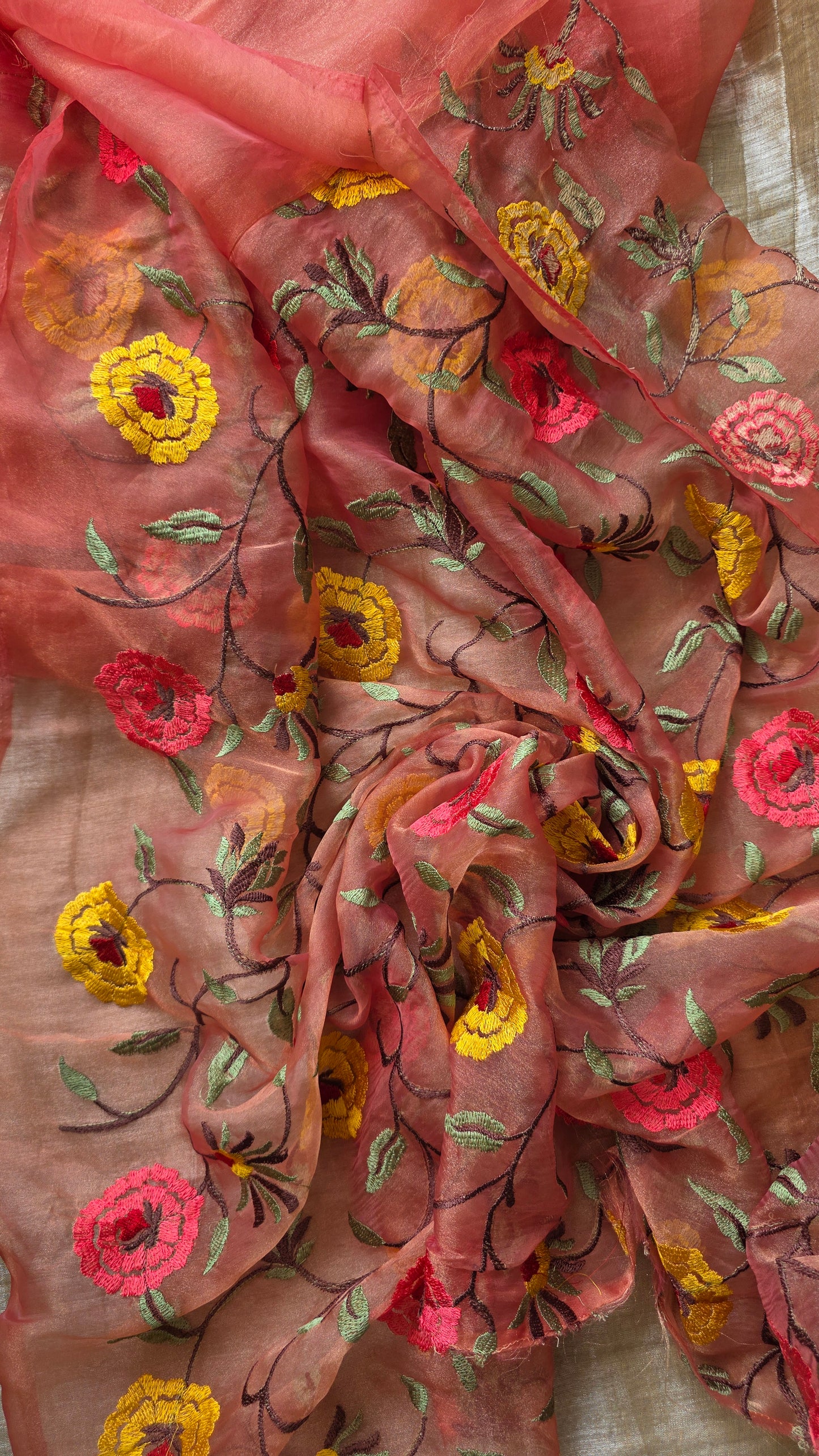 Coral Kora Tissue cutwork Saree with embroidery