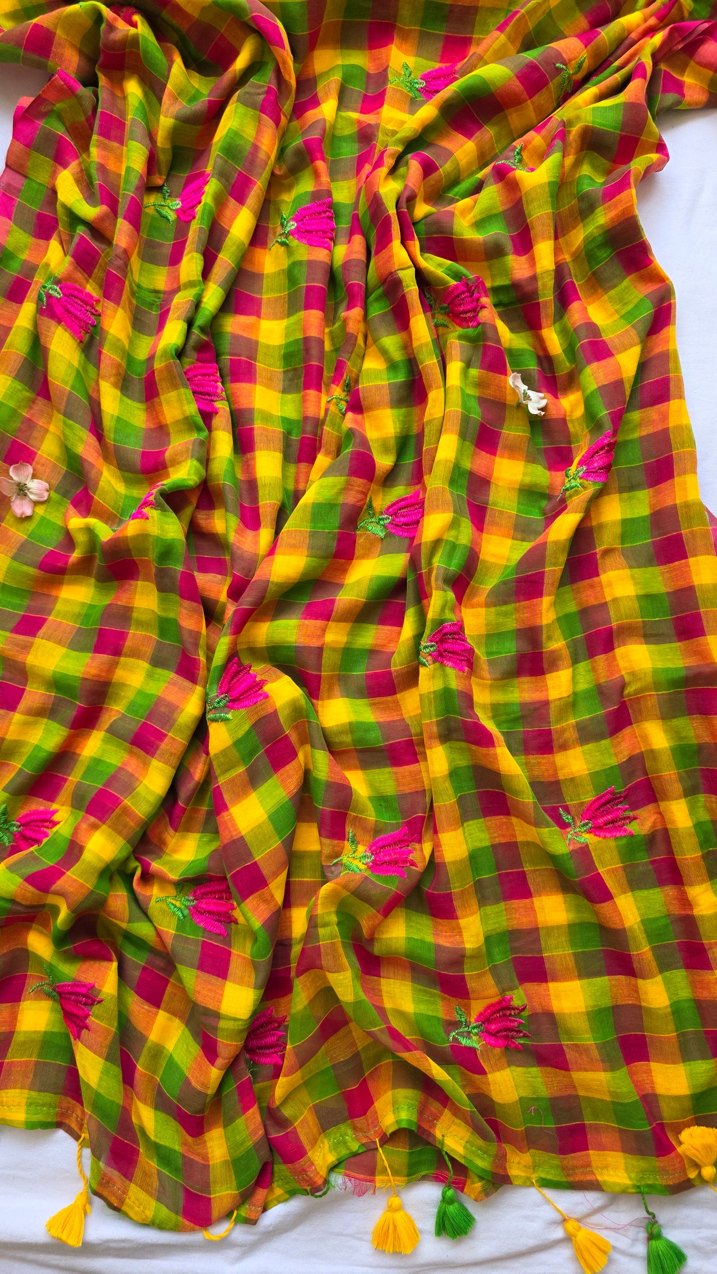 Multi-color checks mulmul embroidery saree