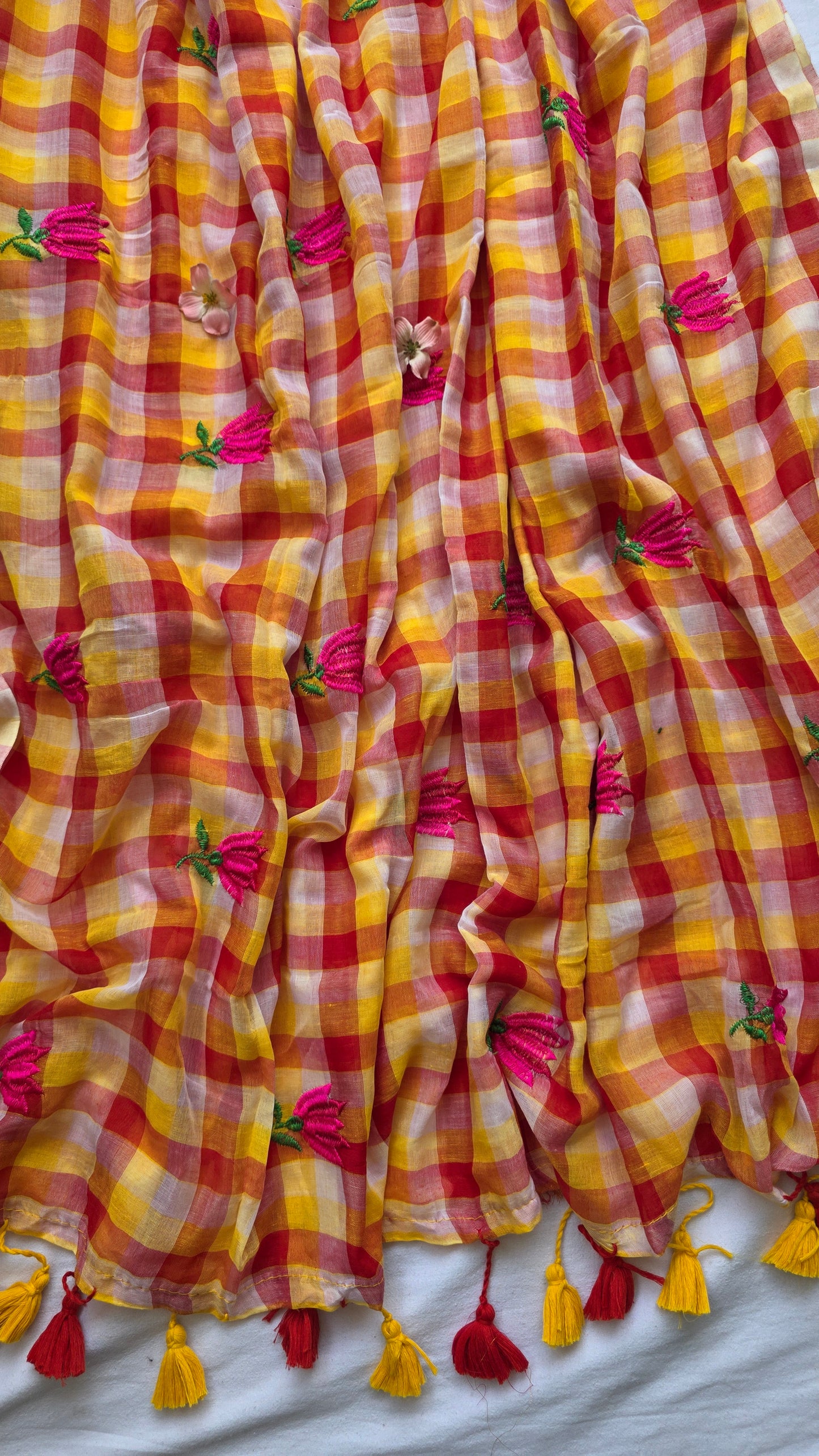 Red and white checks mulmul embroidery saree