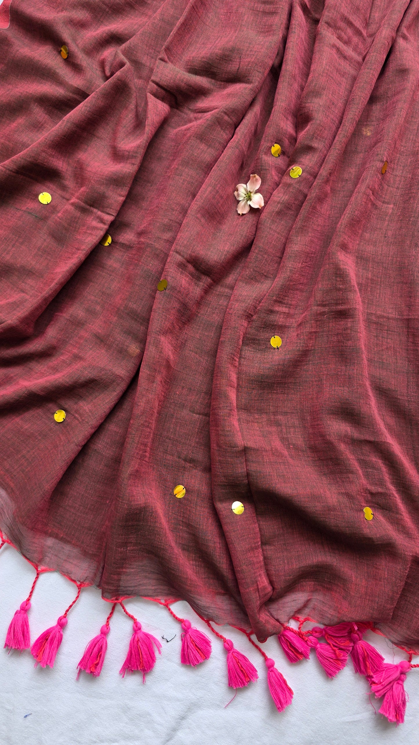 Tara Maroon Mulmul Sari with tassels