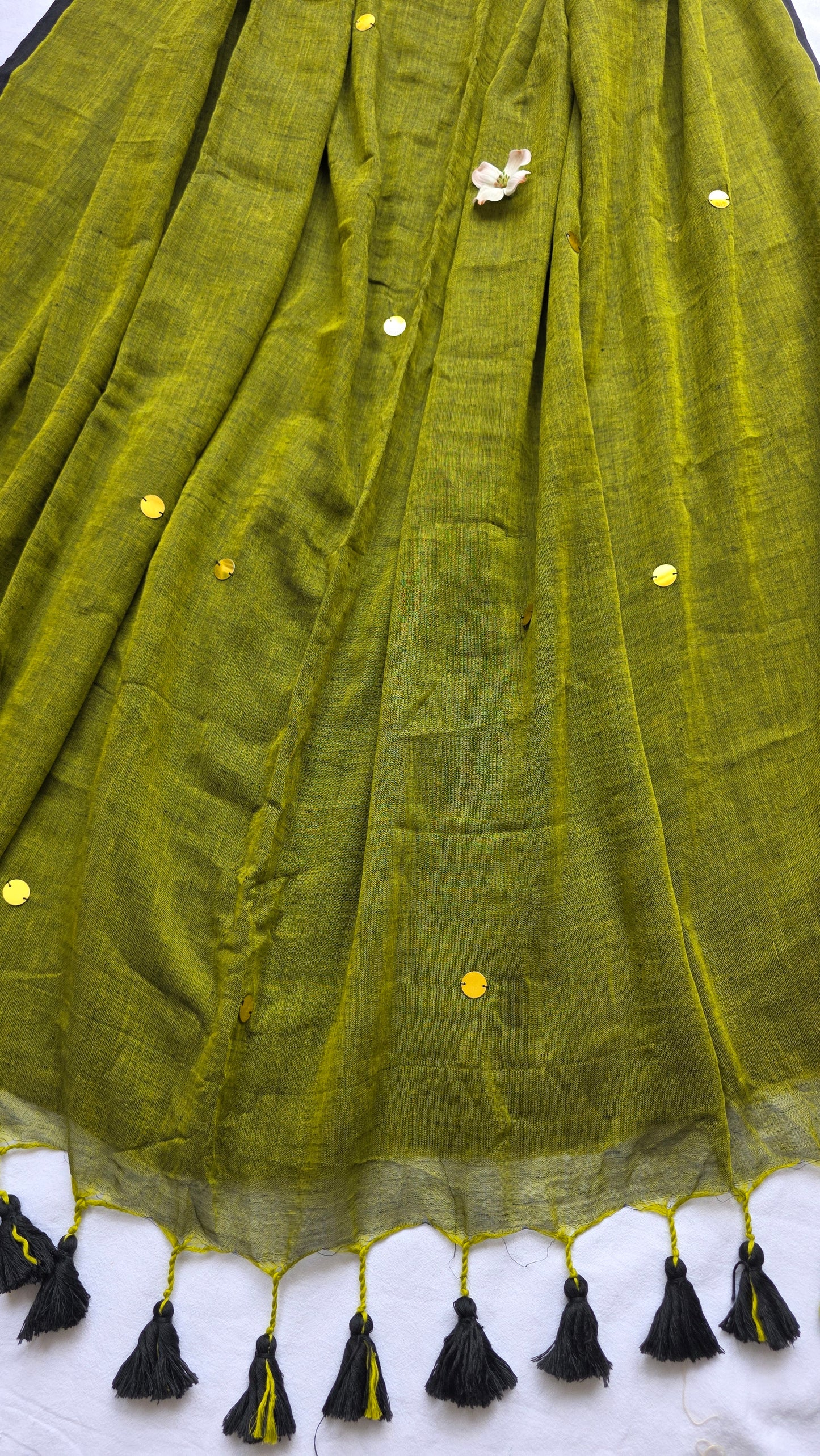 Tara green Mulmul Sari with tassels