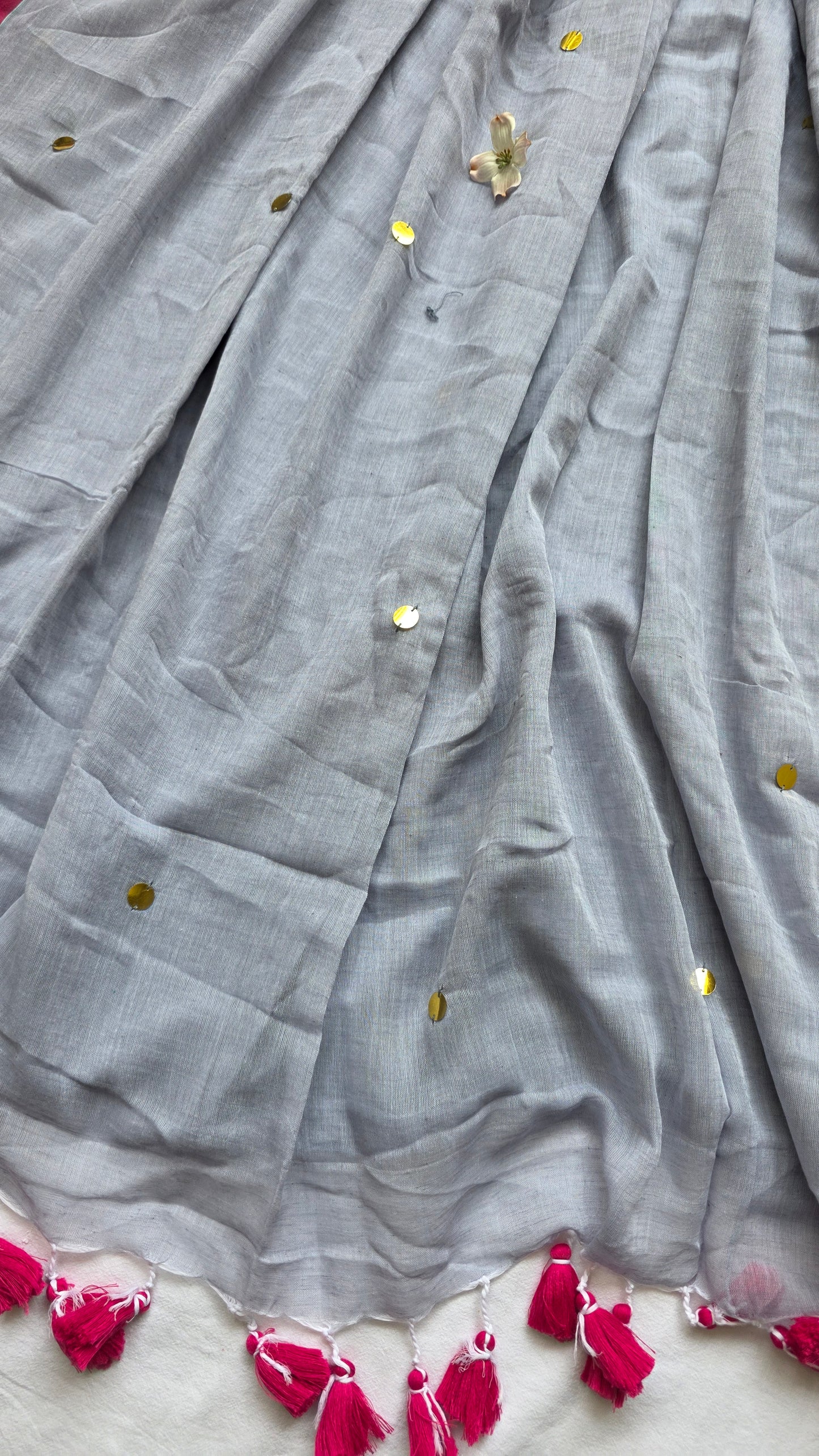 Tara grey Mulmul Sari with tassels