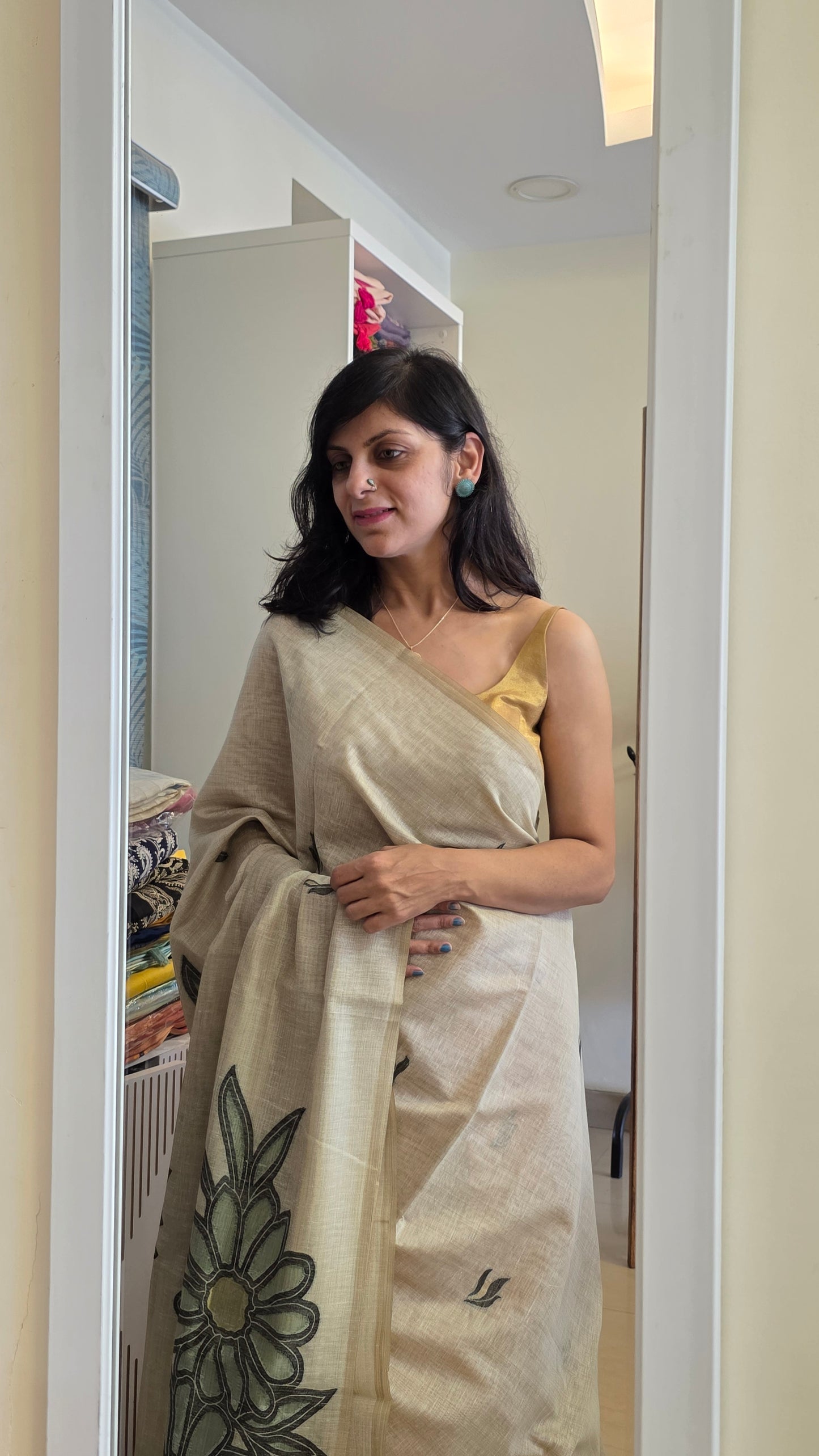 Mohini | Green off-white Applique Cotton Silk Jamdani Saree