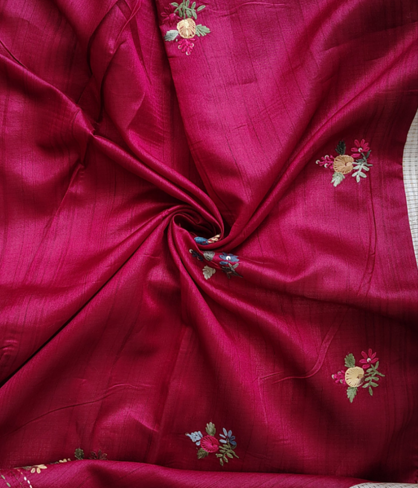 contrast blouse piece of tussar silk saree with embroidery details