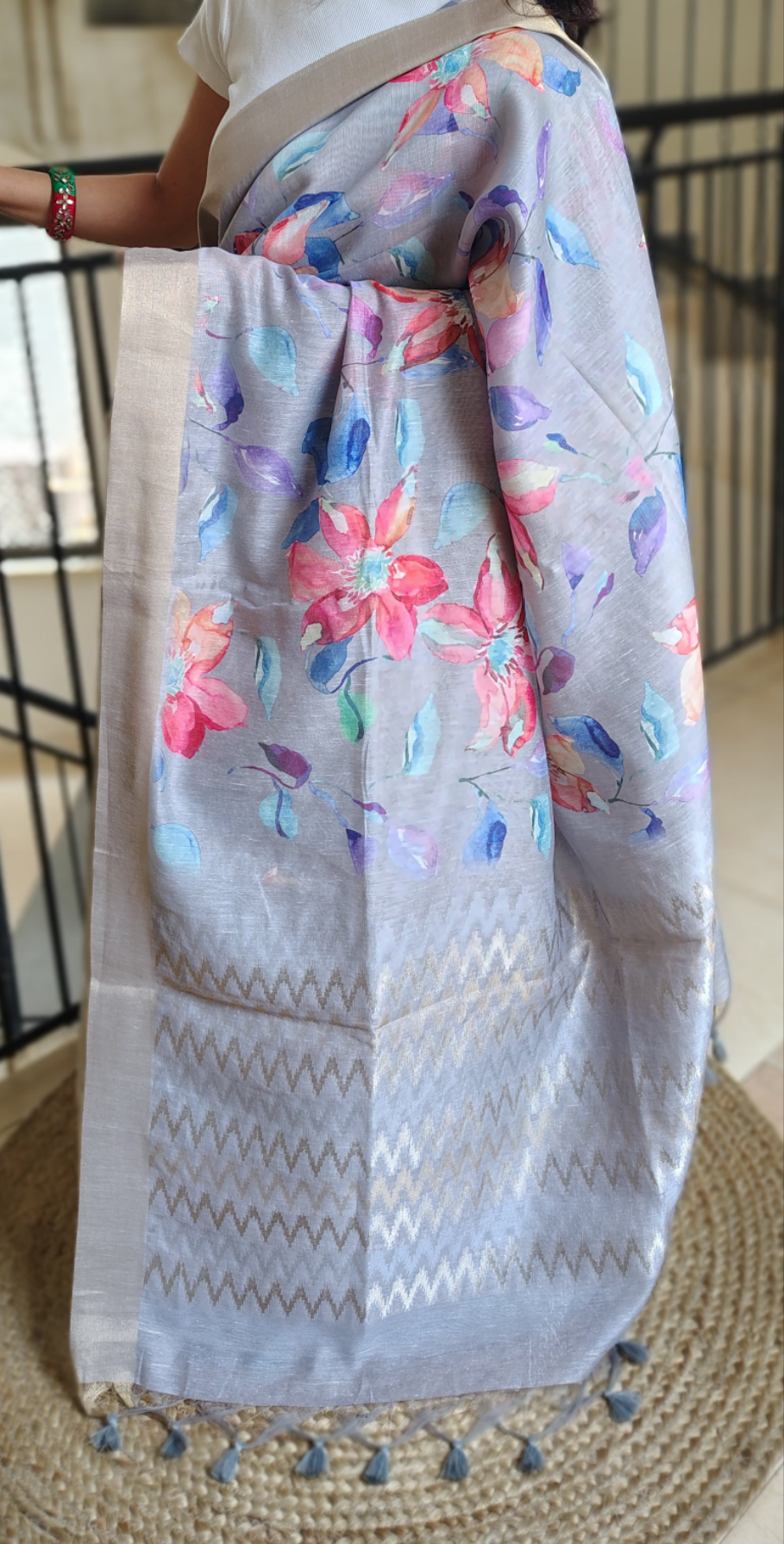 Pastel Floral Linen Silk Saree with Blouse | Lightweight Summer Linen Saree for Women