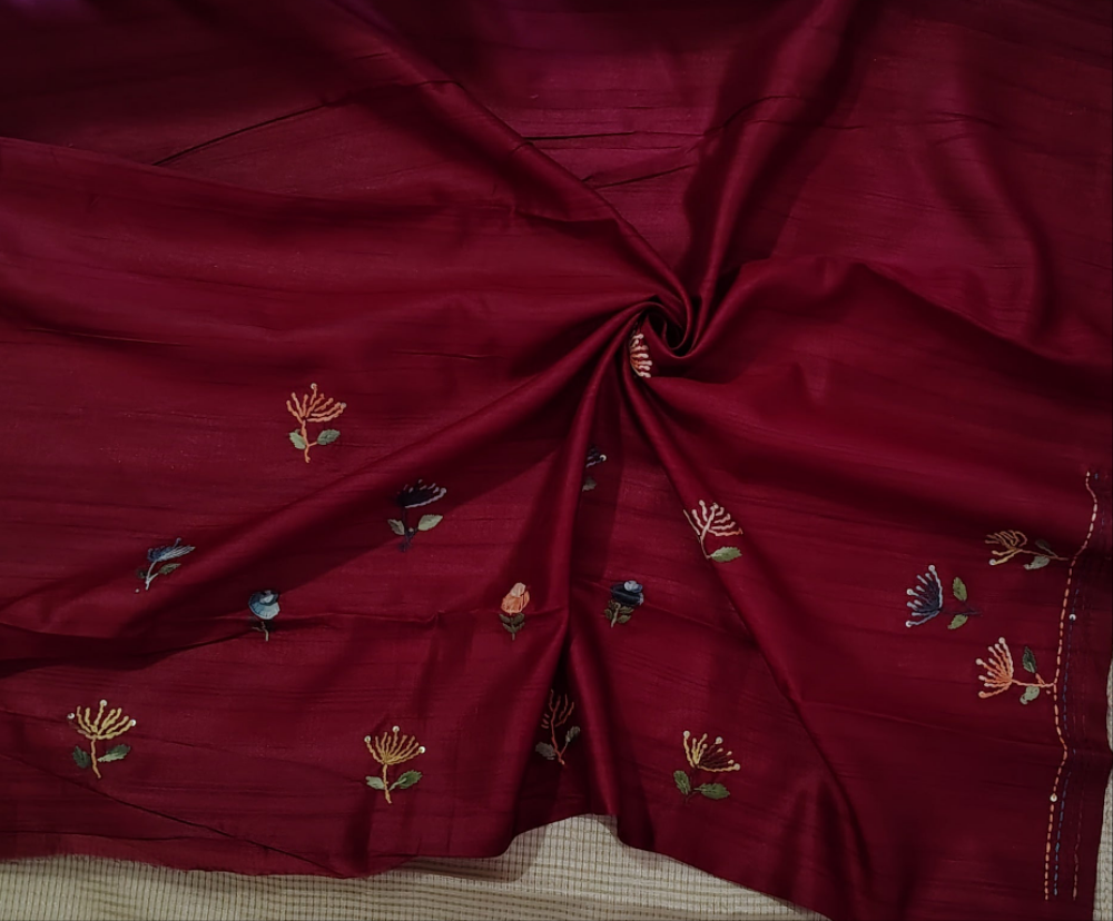Tussar silk Saree contrast blouse with hand embroidery