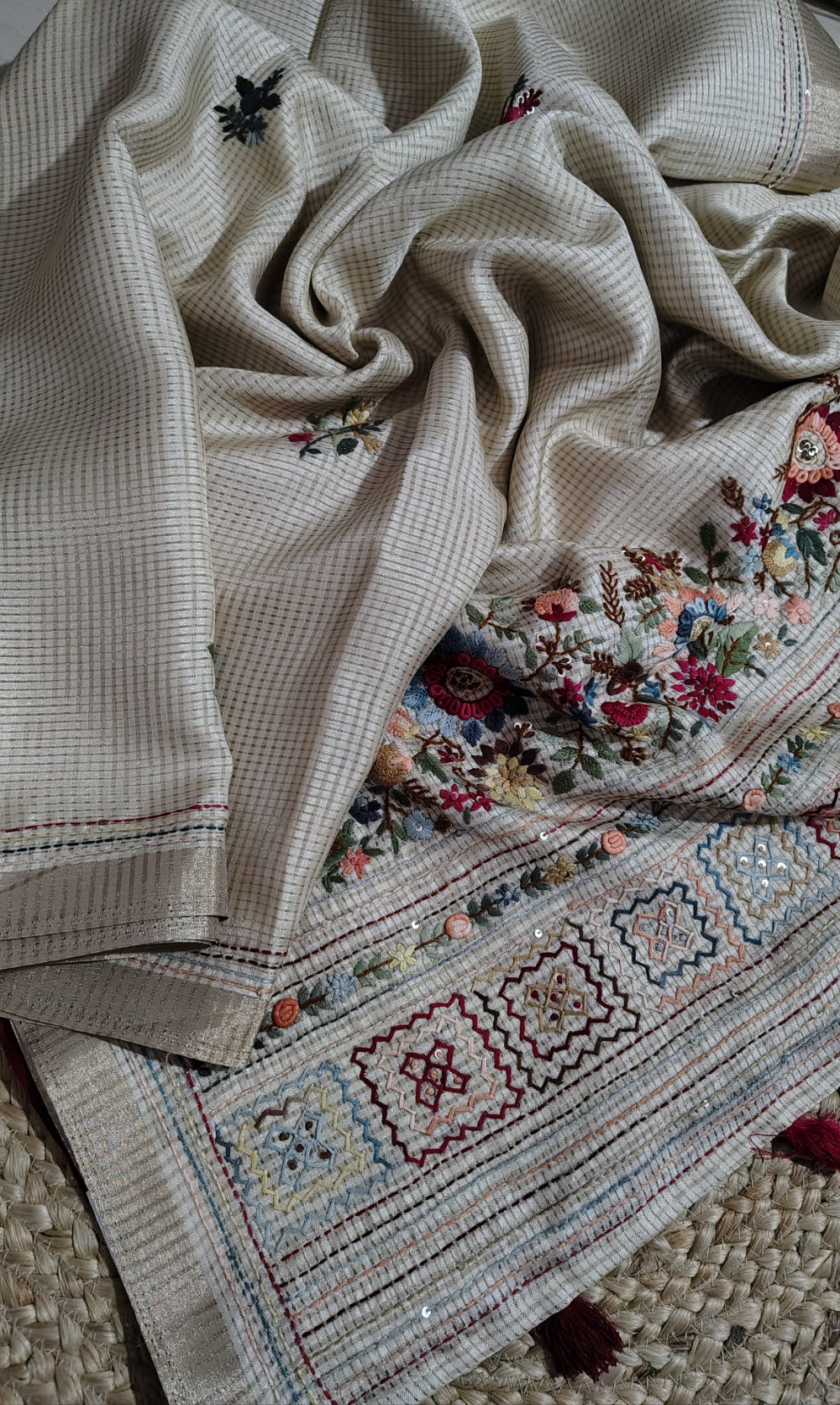 Ivory tussar silk saree with hand embroidery