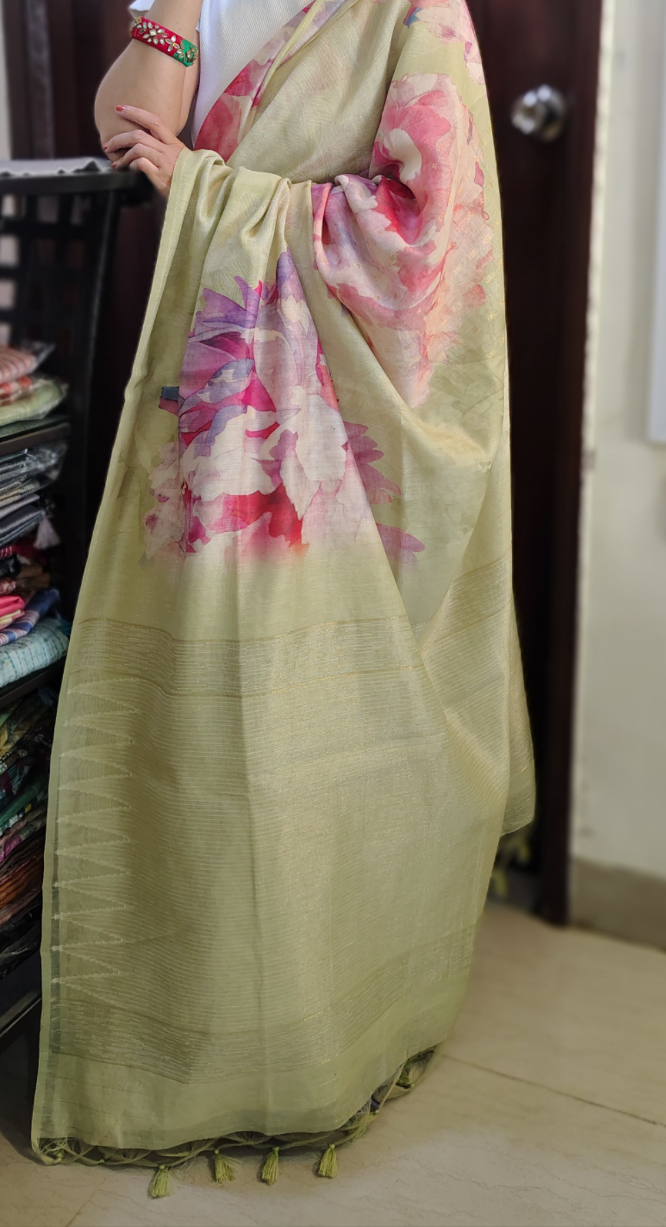 Pastel Floral Linen Silk Saree with Blouse | Lightweight Summer Linen Saree for Women