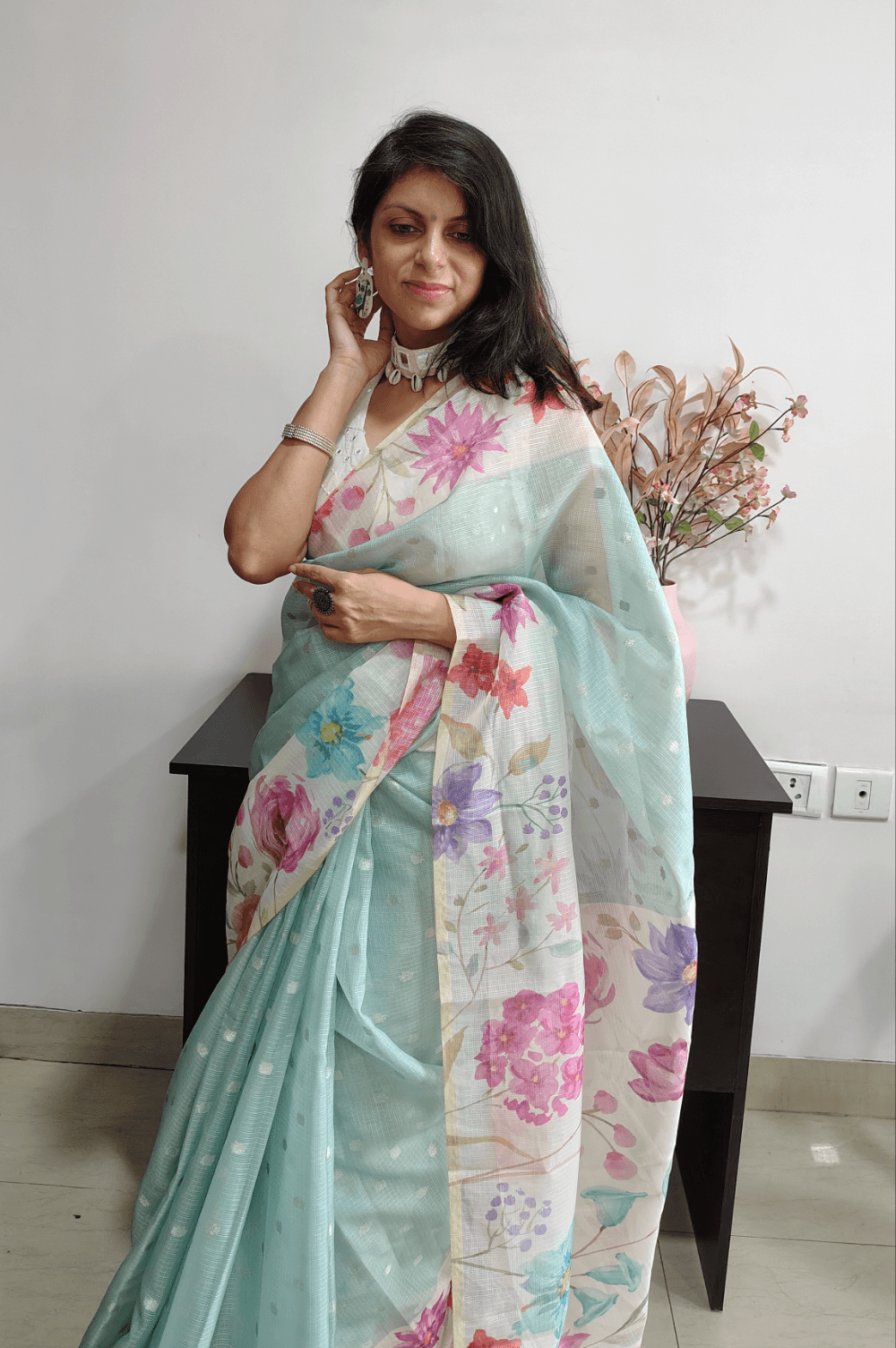 LIGHT BLUE KOTA SILK SAREE - FULL VIEW