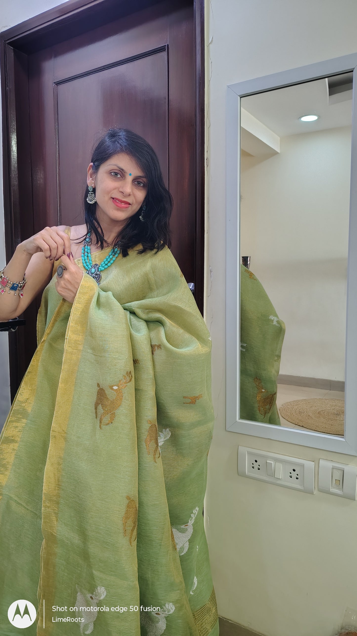 Linen Tissue Metallic Sarees - Two tone Green