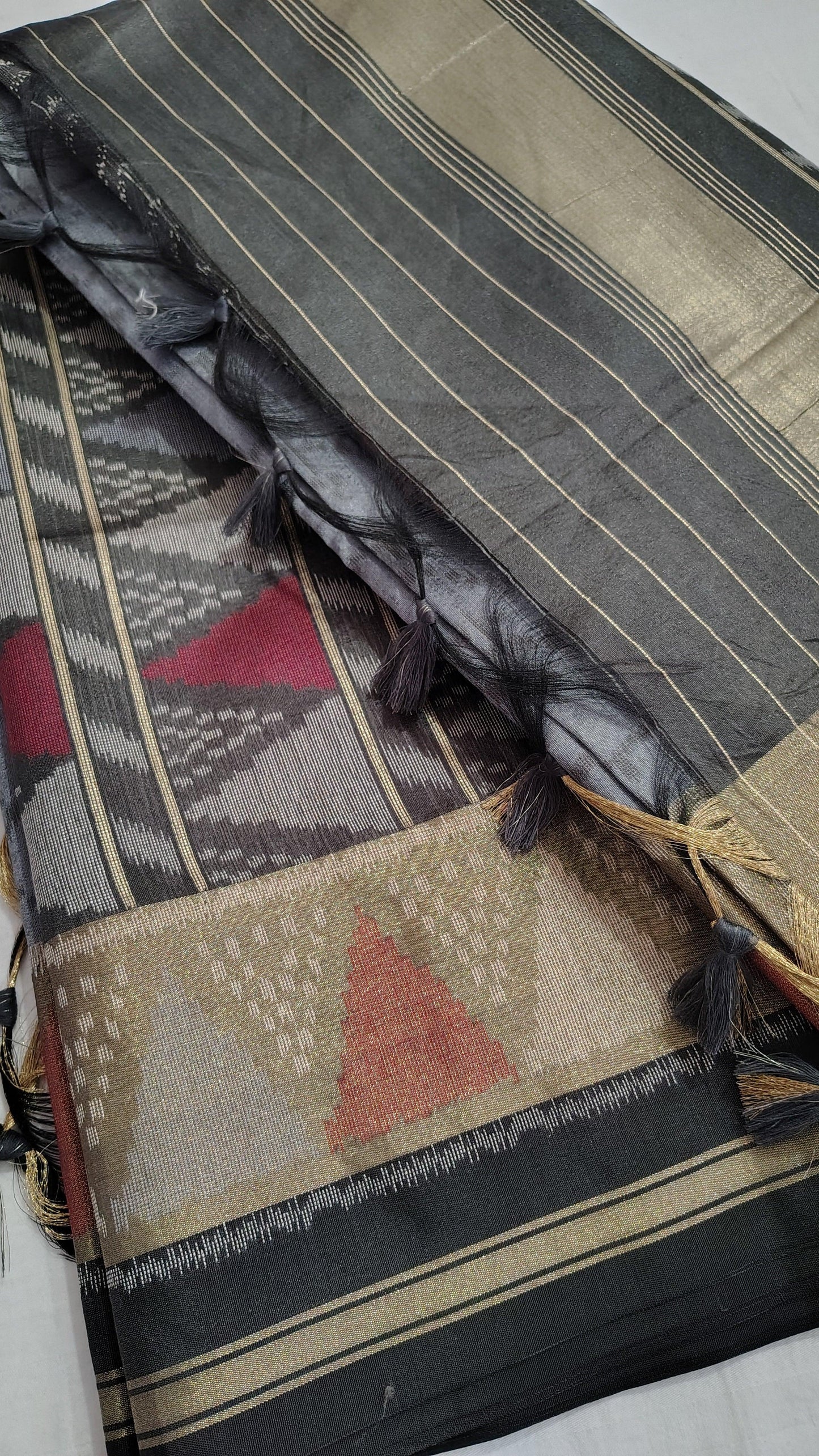 TUSSAR SILK BLACK GREY, FULL VIEW