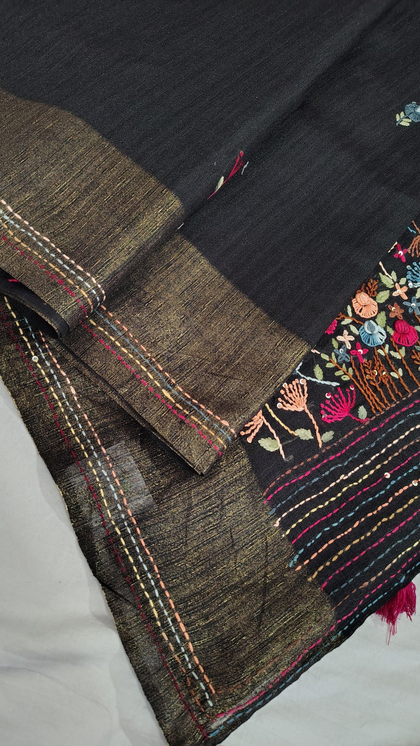 JUTE COTTON SAREE BLACK, PALLU VIEW