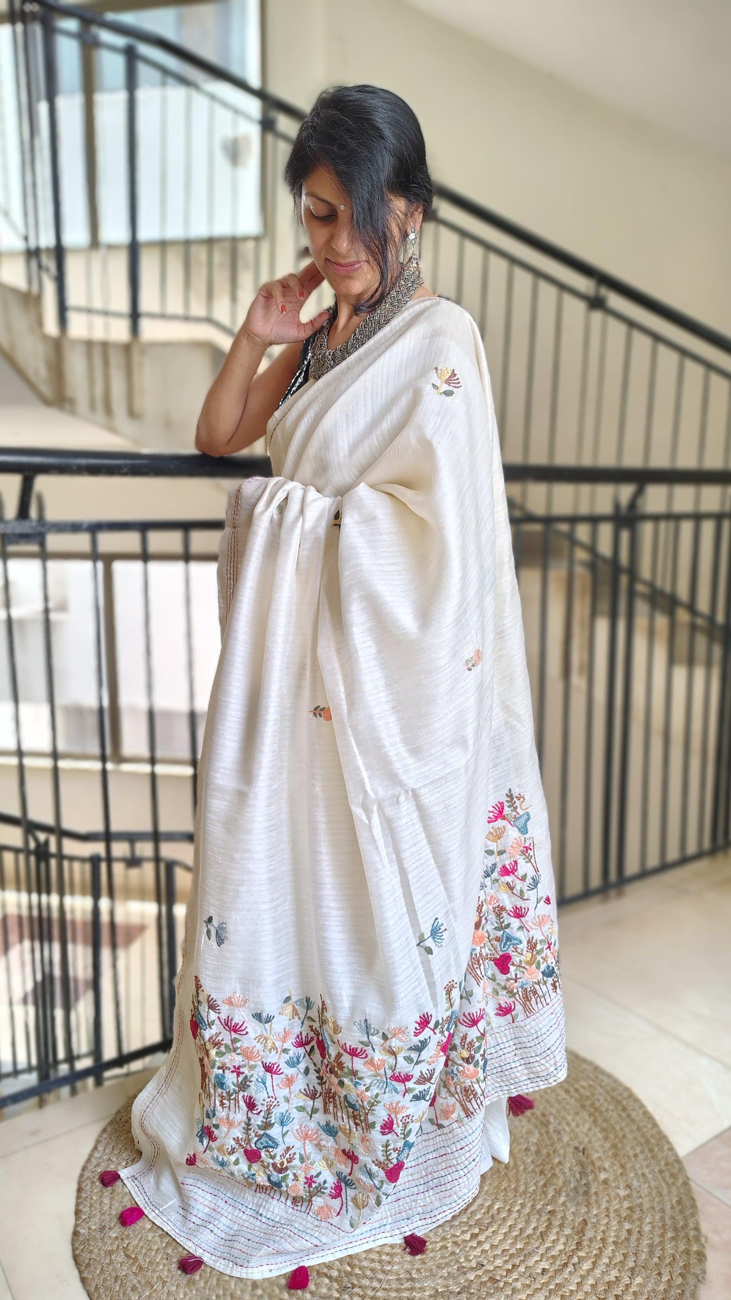 JUTE COTTON SAREE OFF WHITE , FULL VIEW
