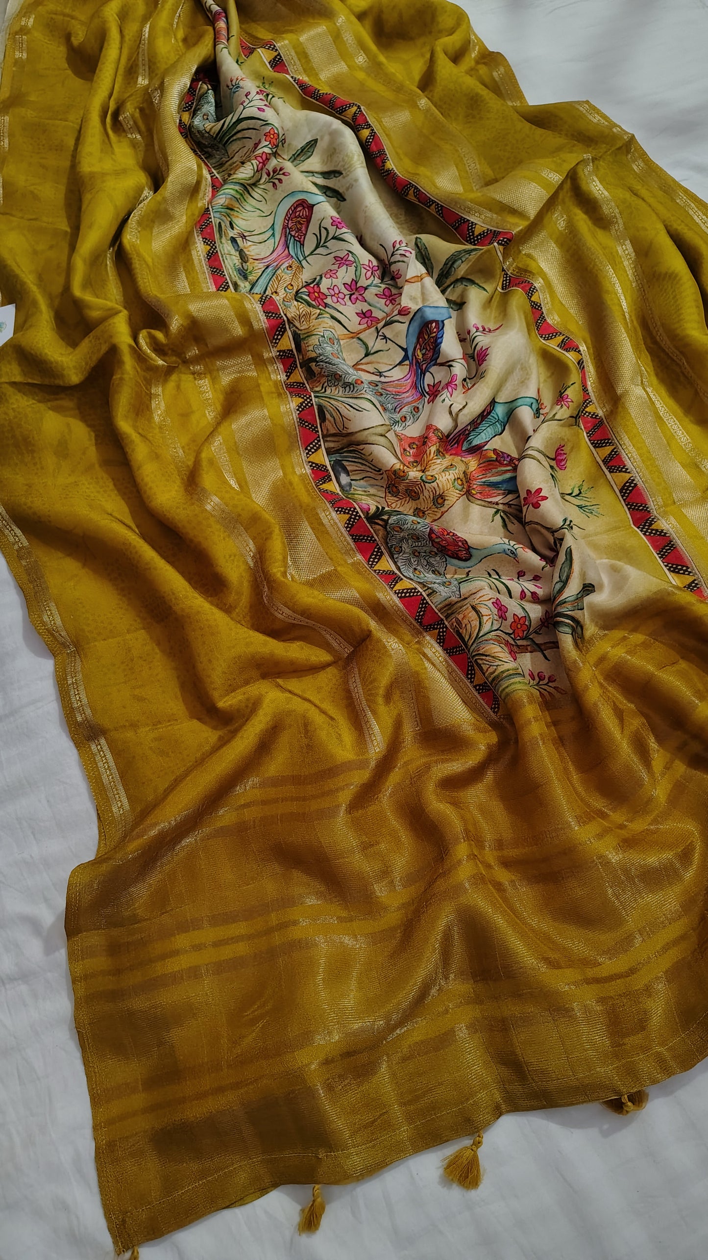 Mustard Soft Dola Silk Saree Peacock motif