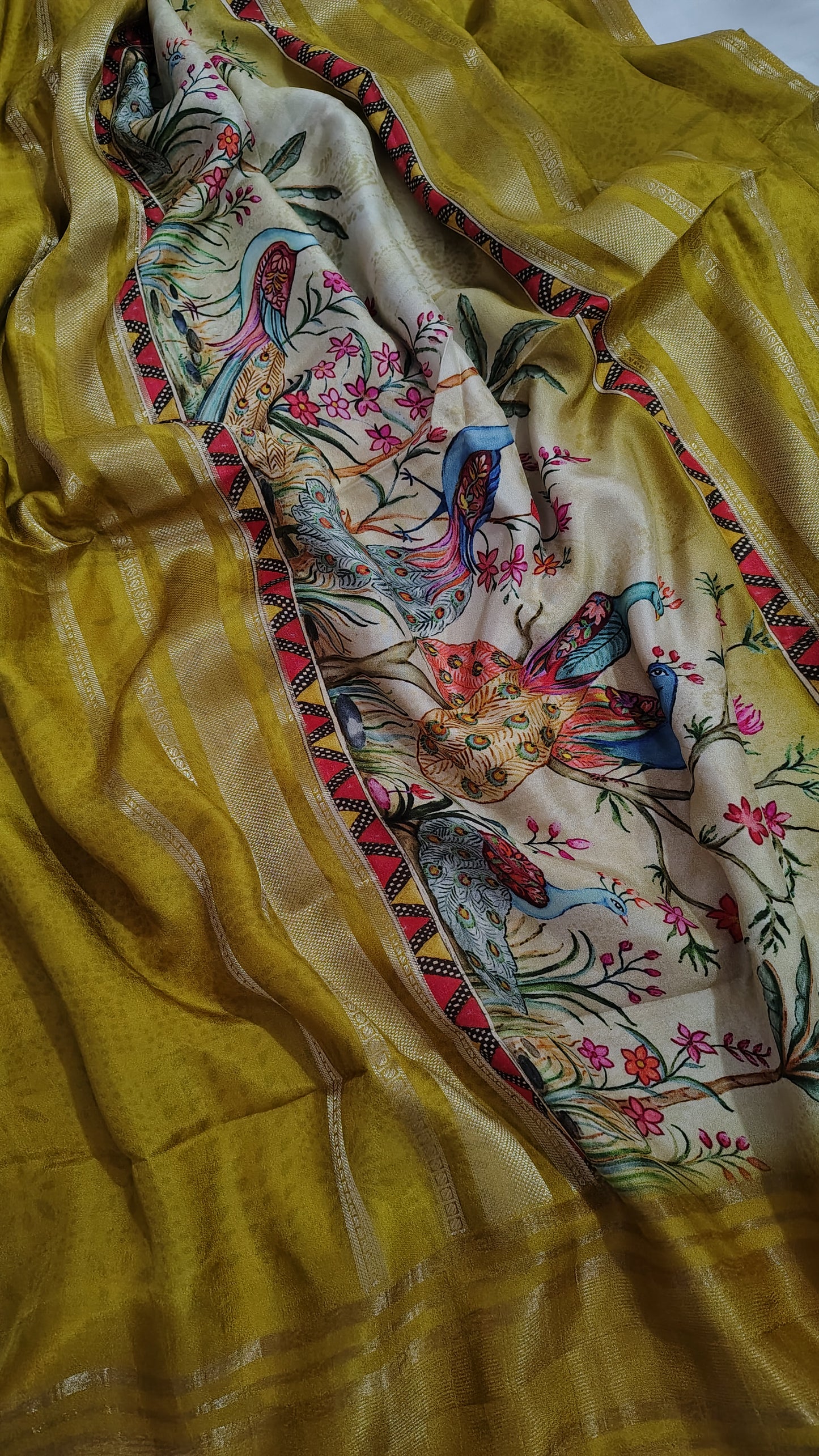 Mustard Soft Dola Silk Saree Peacock motif