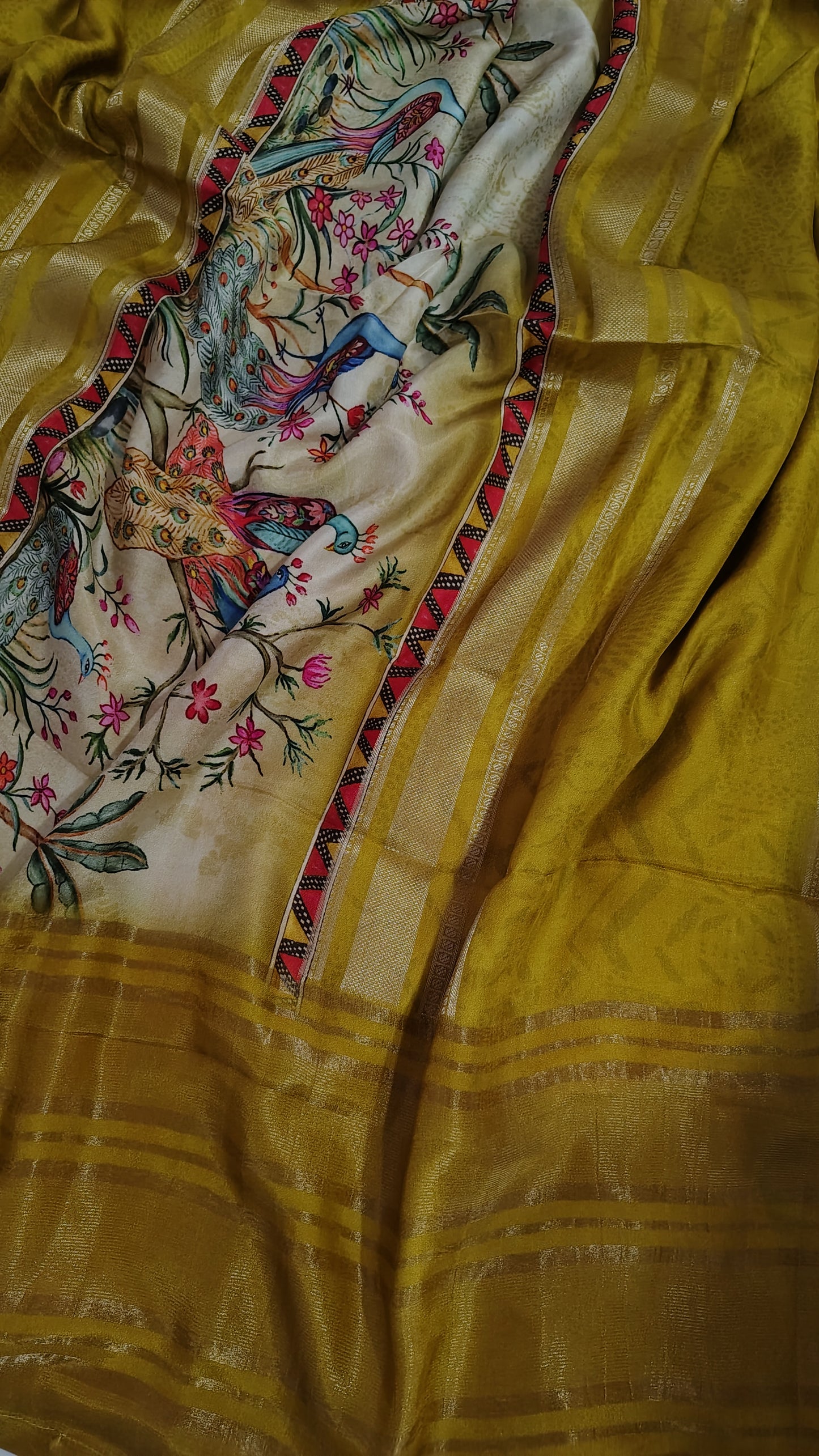 Mustard Soft Dola Silk Saree Peacock motif
