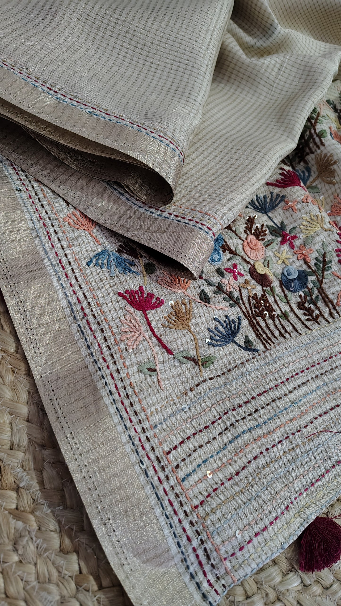 Elegant Tussar Silk saree embroidery detail