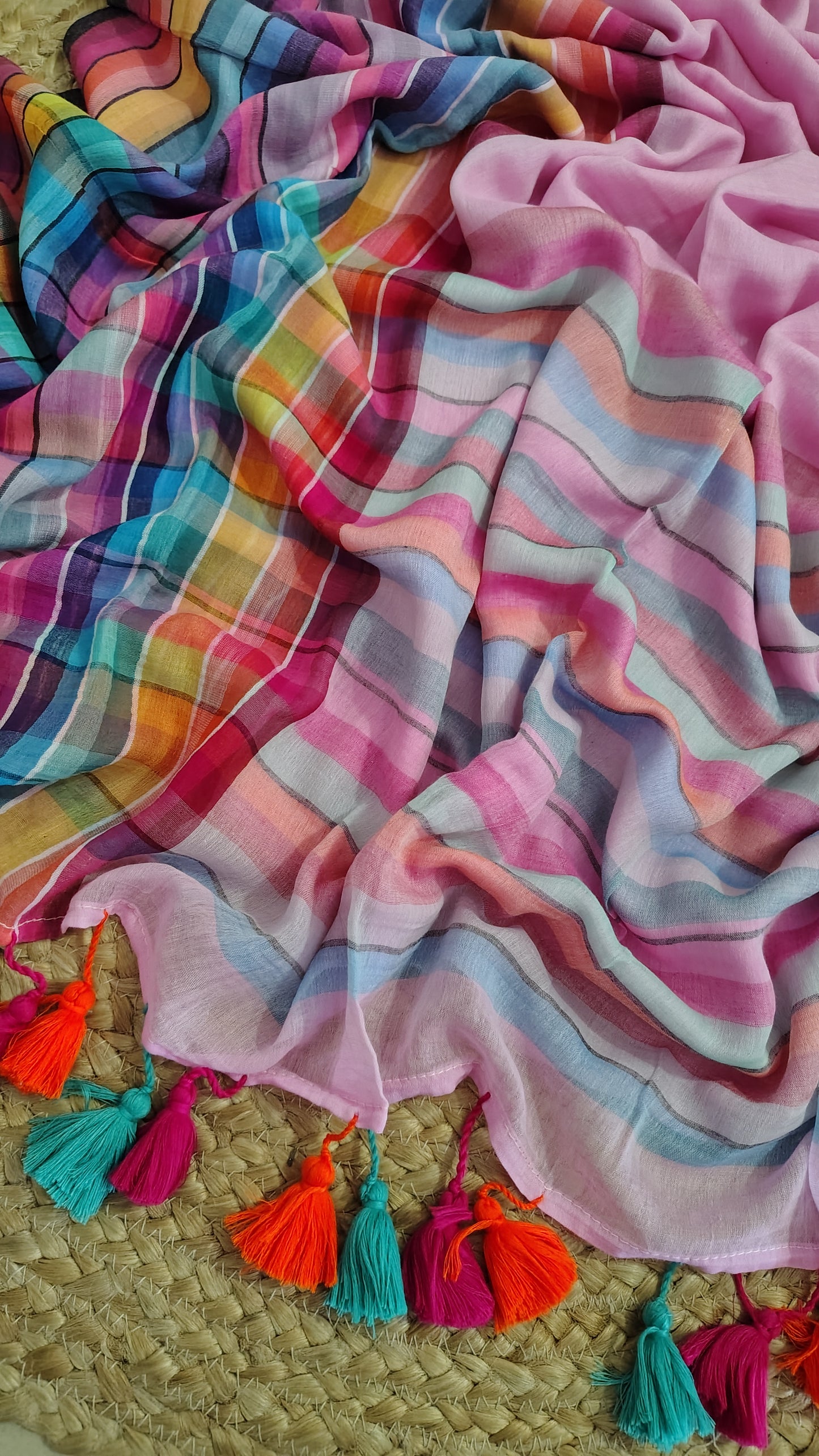 Pure Mul Cotton Saree with Rainbow Colored Border – Lightweight Mulmul Designer Saree