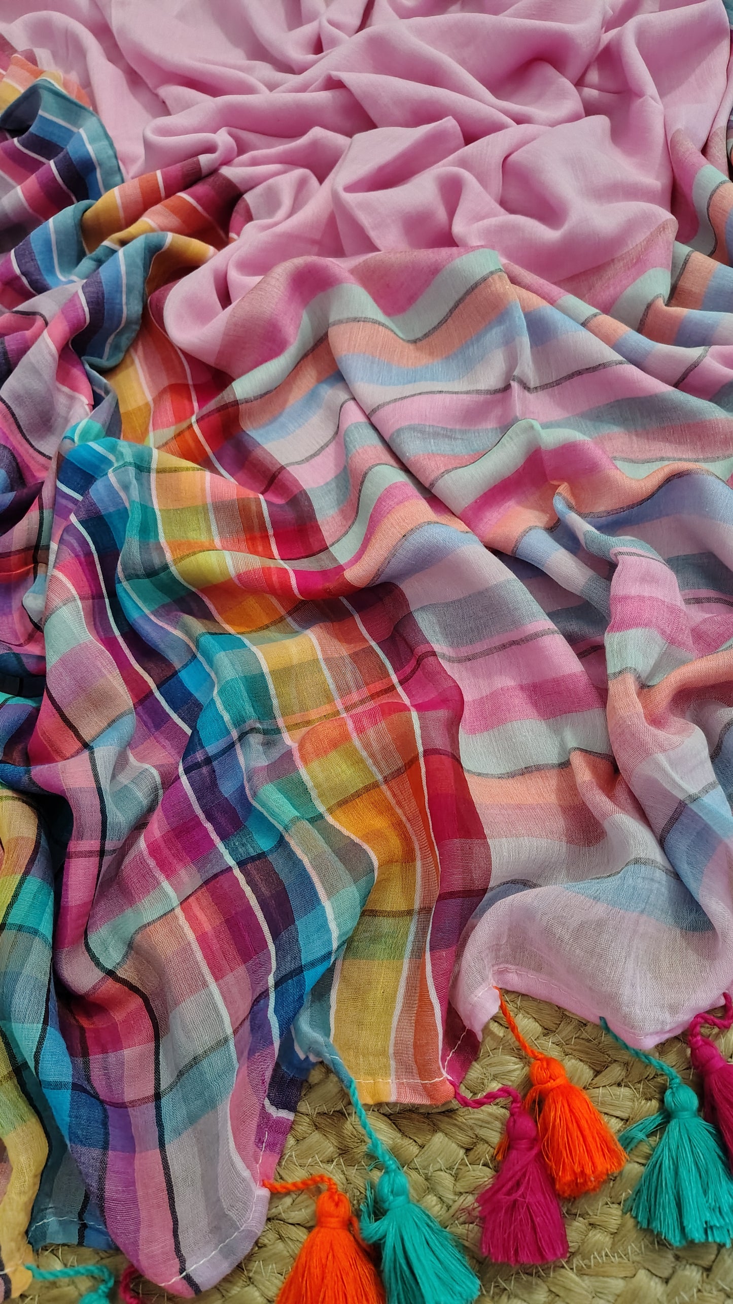 Pure Mul Cotton Saree with Rainbow Colored Border – Lightweight Mulmul Designer Saree