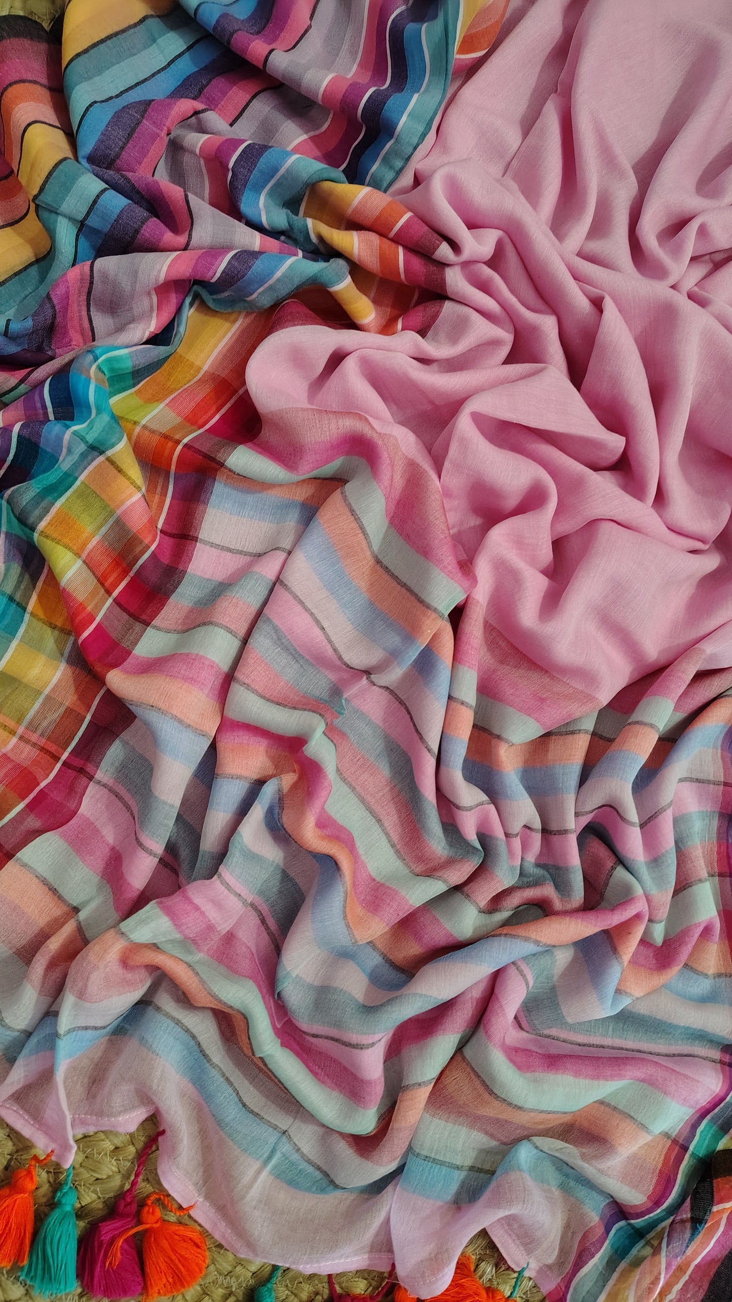 Pure Mul Cotton Saree with Rainbow Colored Border – Lightweight Mulmul Designer Saree