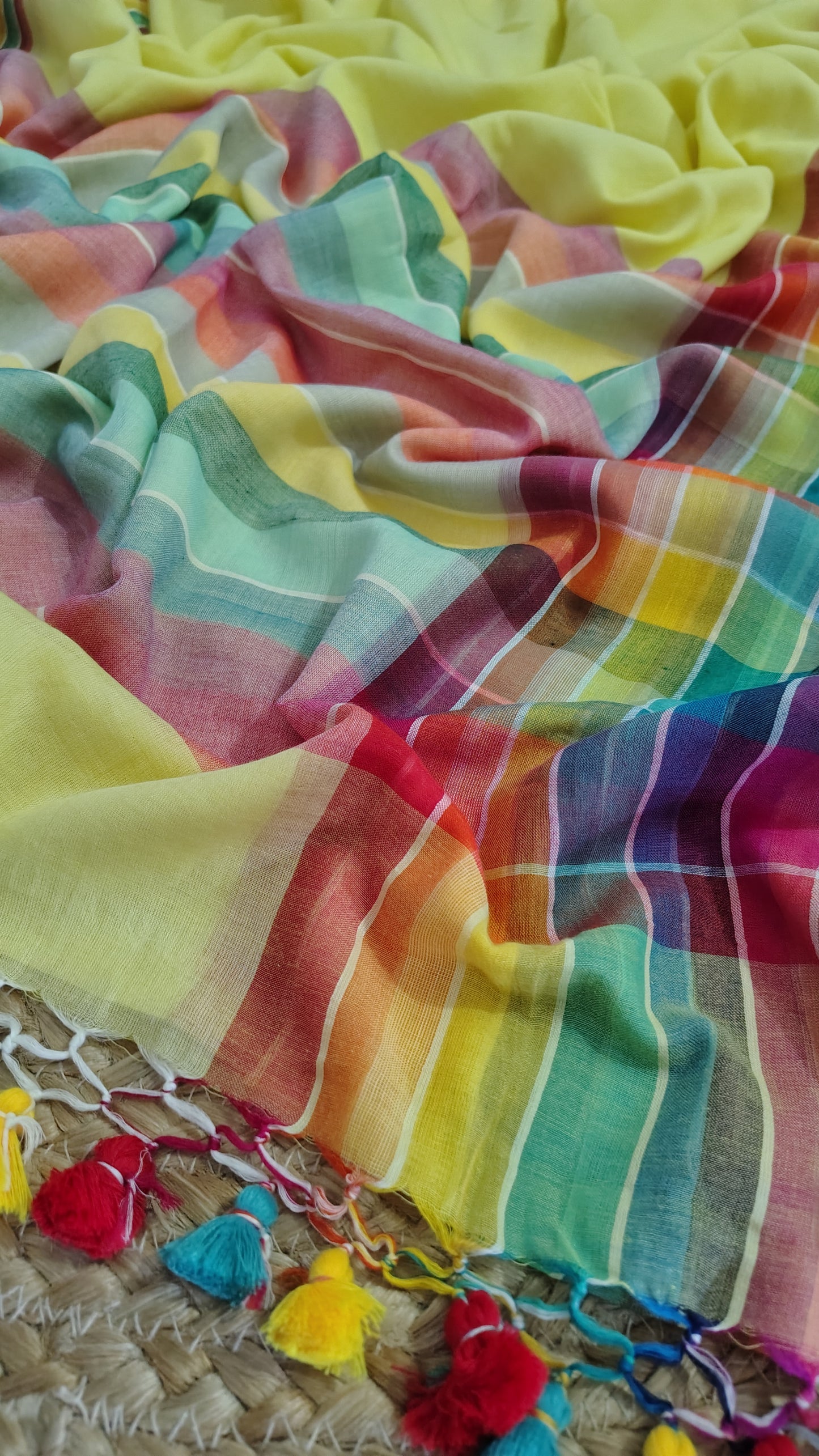 Pure Mul Cotton Saree with Rainbow Colored Border – Lightweight Mulmul Designer Saree
