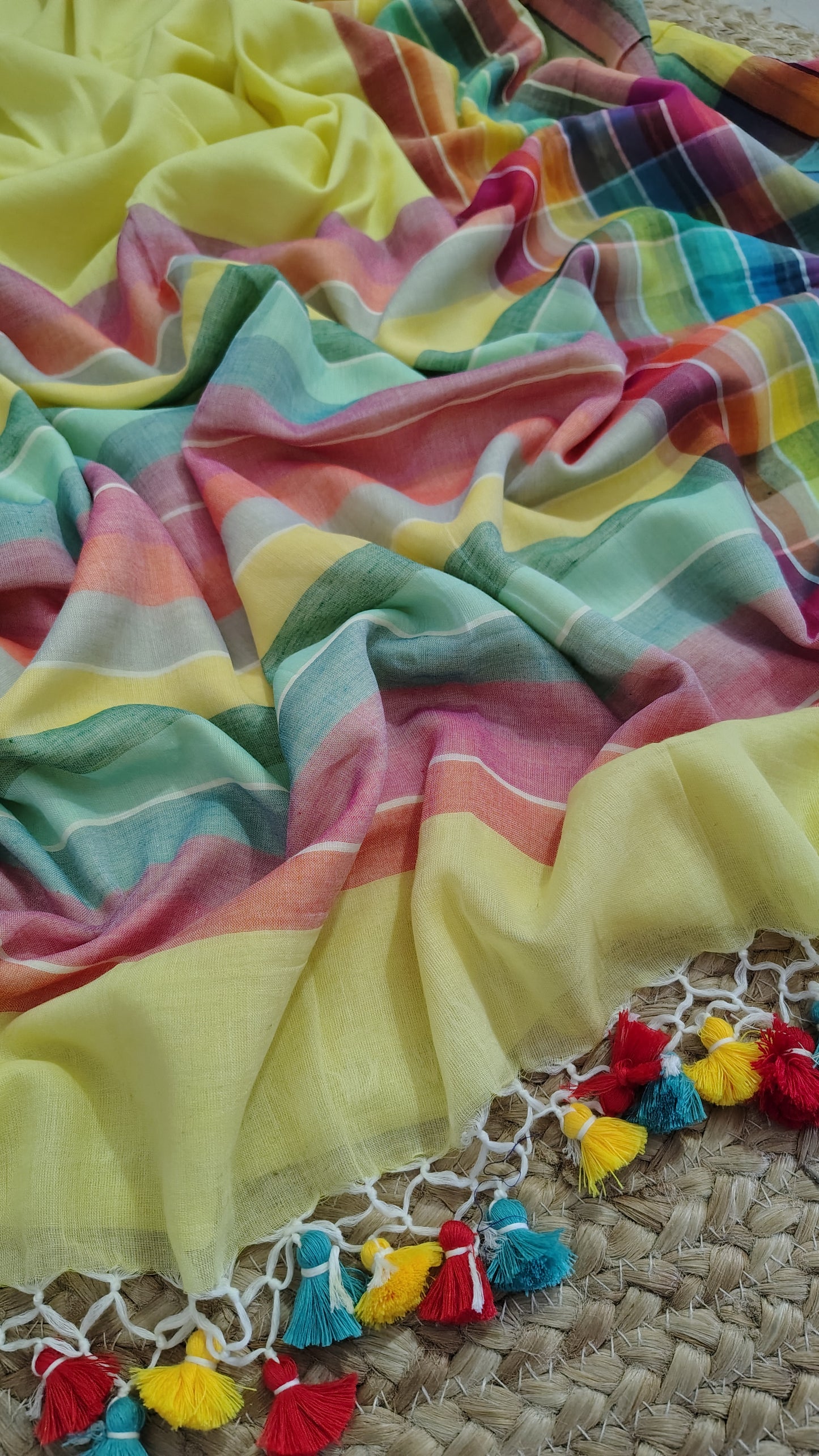 Pure Mul Cotton Saree with Rainbow Colored Border – Lightweight Mulmul Designer Saree