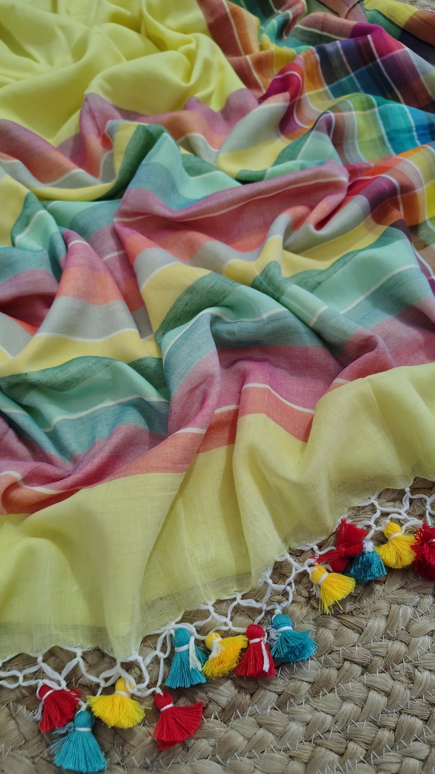 Pure Mul Cotton Saree with Rainbow Colored Border – Lightweight Mulmul Designer Saree