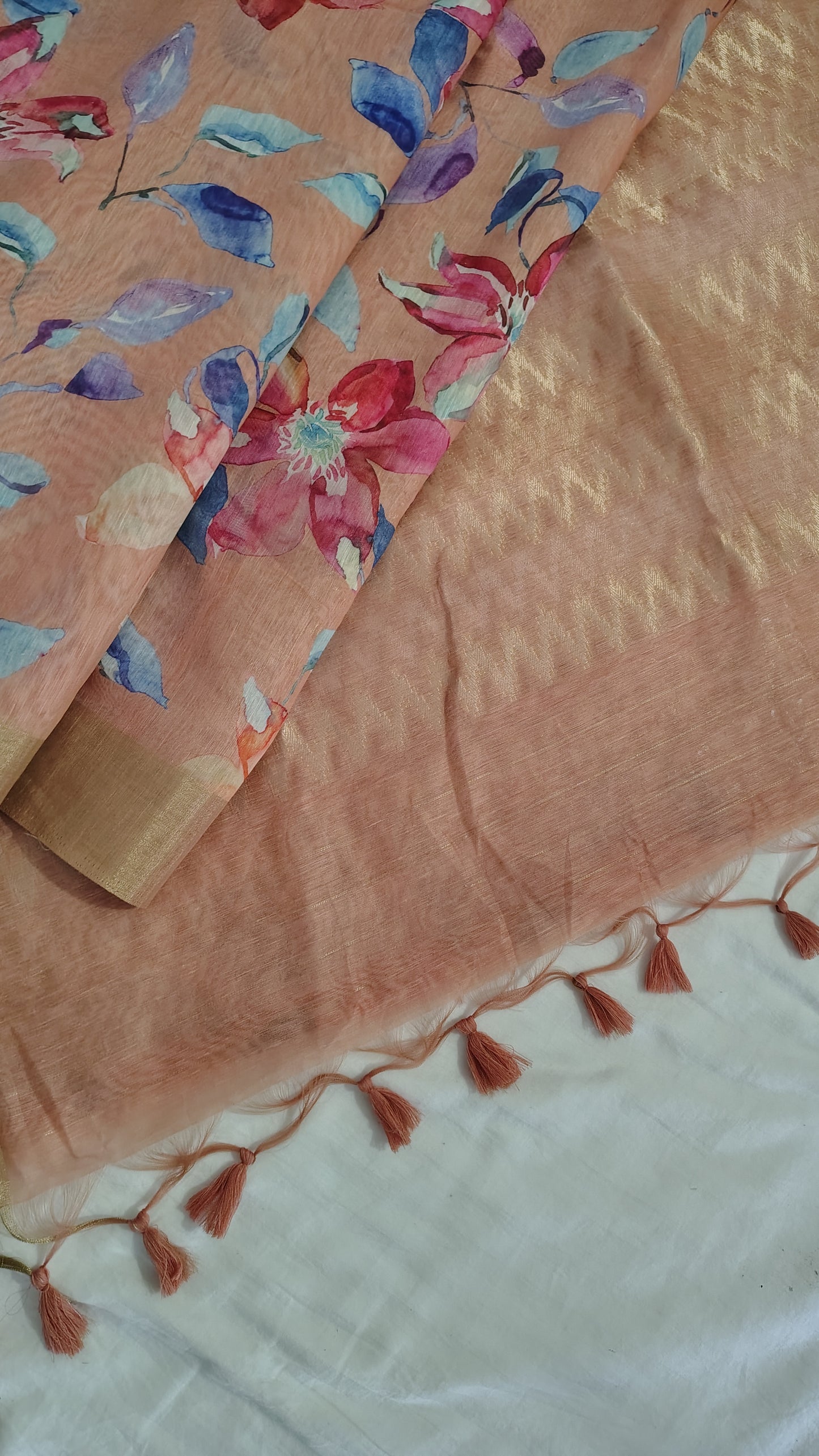 Pastel Floral Linen Silk Saree with Blouse | Lightweight Summer Linen Saree for Women