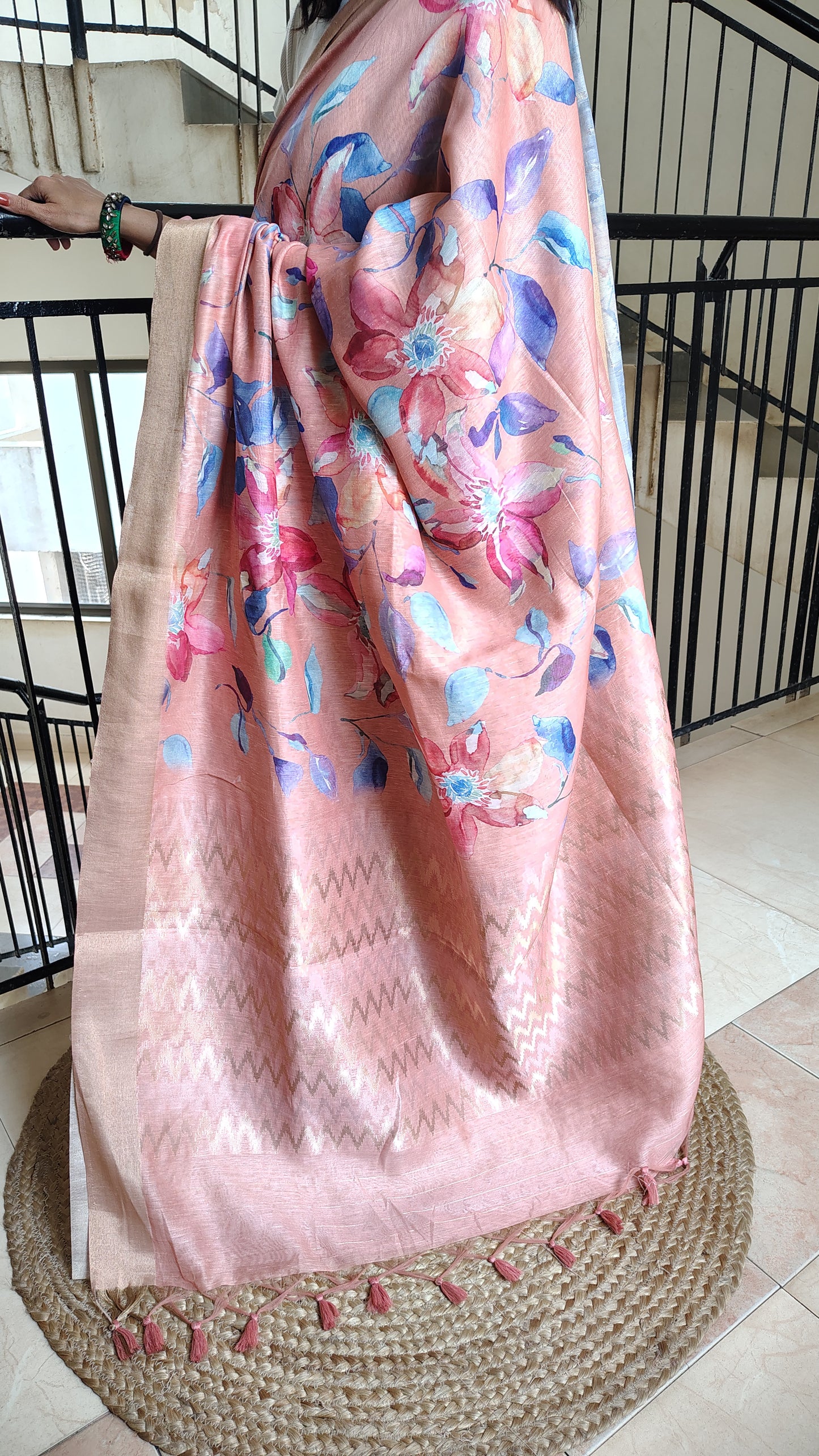 Pastel Floral Linen Silk Saree with Blouse | Lightweight Summer Linen Saree for Women