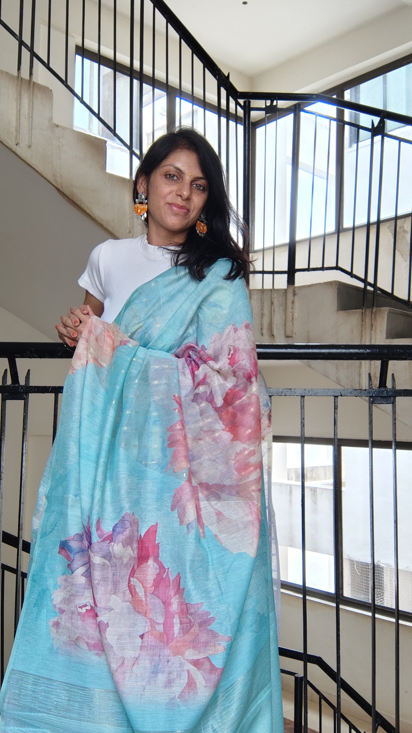 Pastel Floral Linen Silk Saree with Blouse | Lightweight Summer Linen Saree for Women