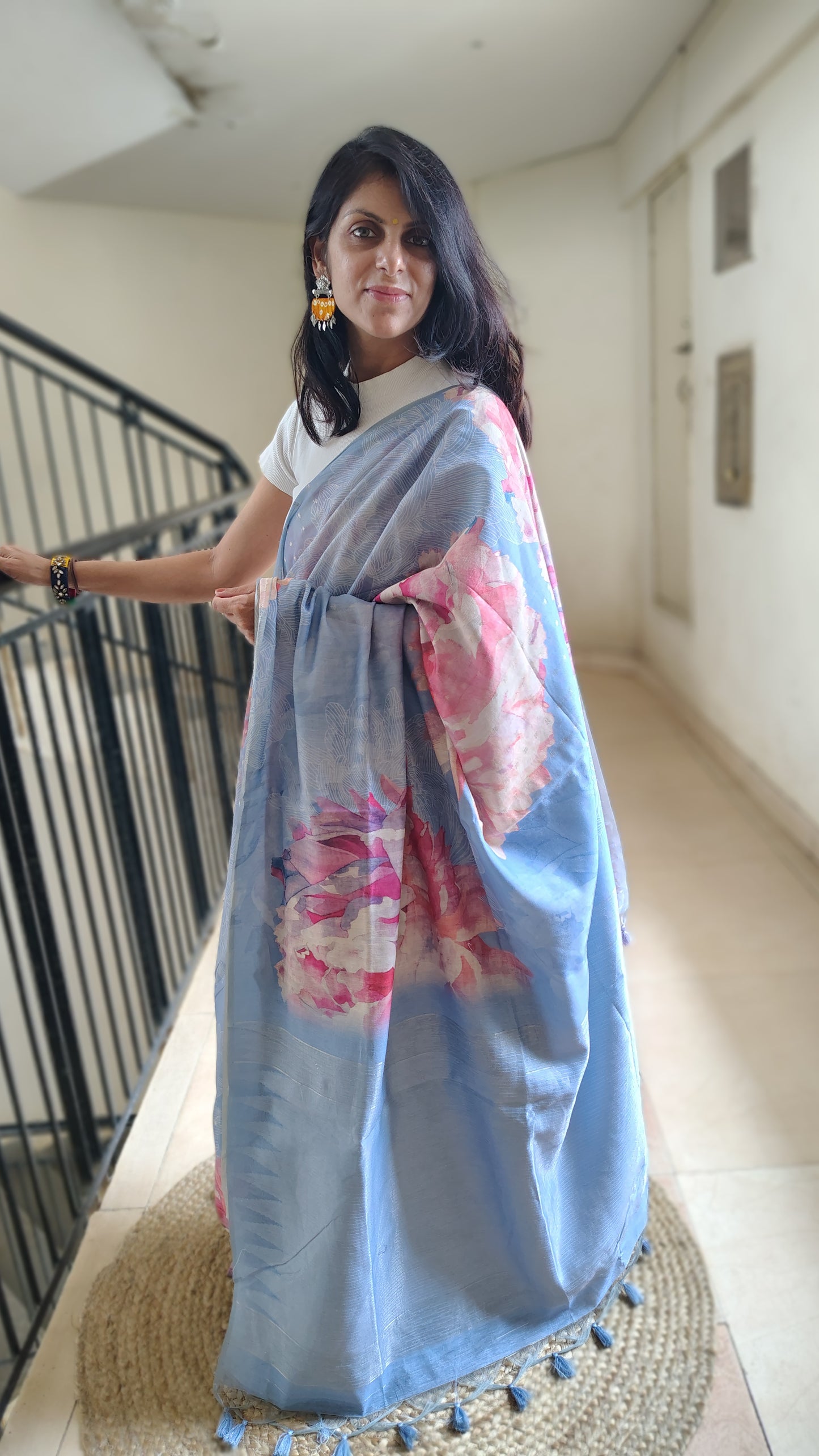 Pastel Floral Linen Silk Saree with Blouse | Lightweight Summer Linen Saree for Women