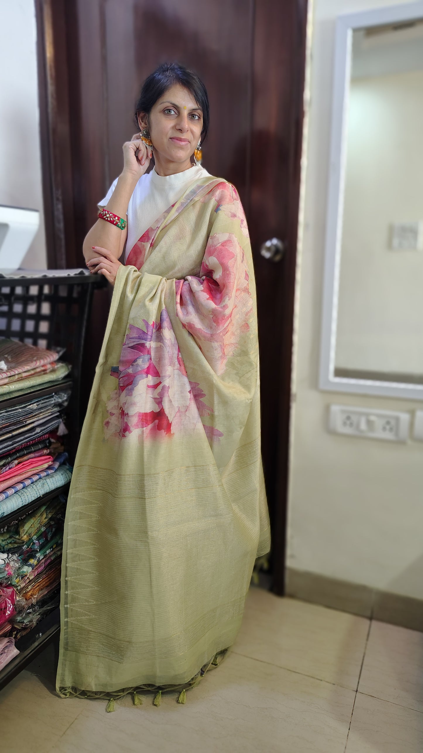 Pastel Floral Linen Silk Saree with Blouse | Lightweight Summer Linen Saree for Women