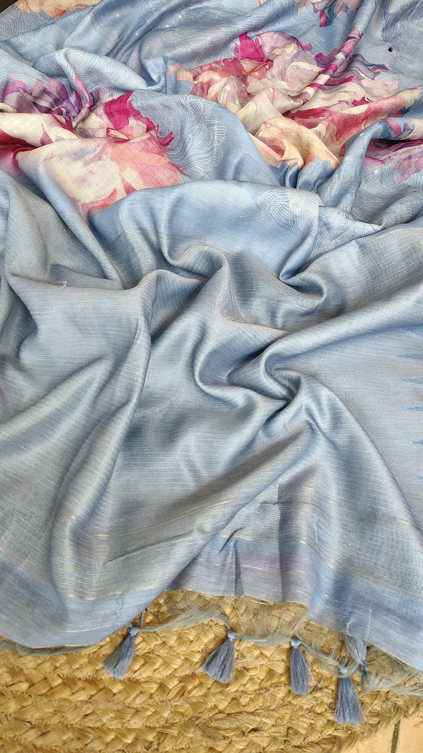 Pastel Floral Linen Silk Saree with Blouse | Lightweight Summer Linen Saree for Women