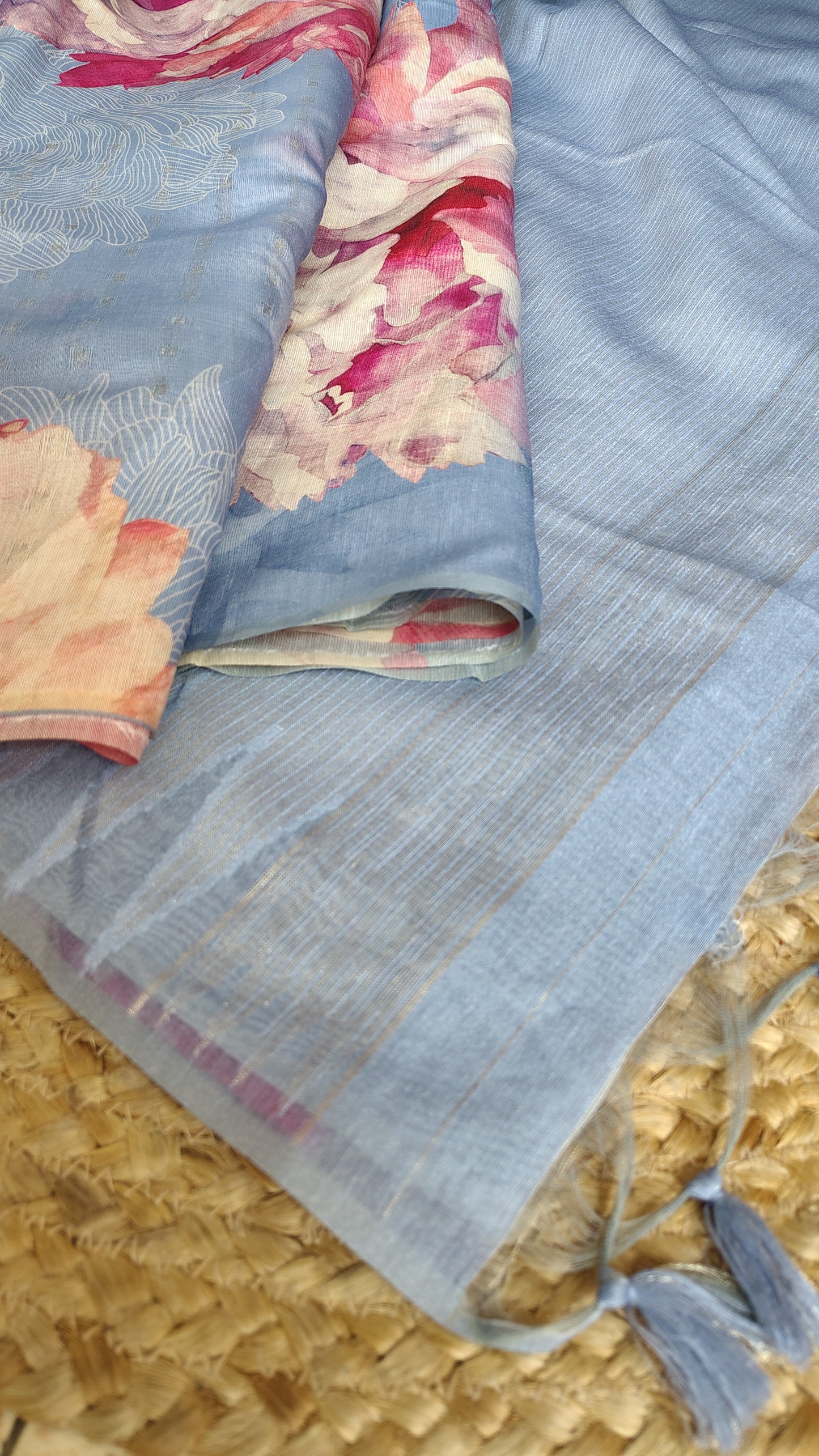Pastel Floral Linen Silk Saree with Blouse | Lightweight Summer Linen Saree for Women