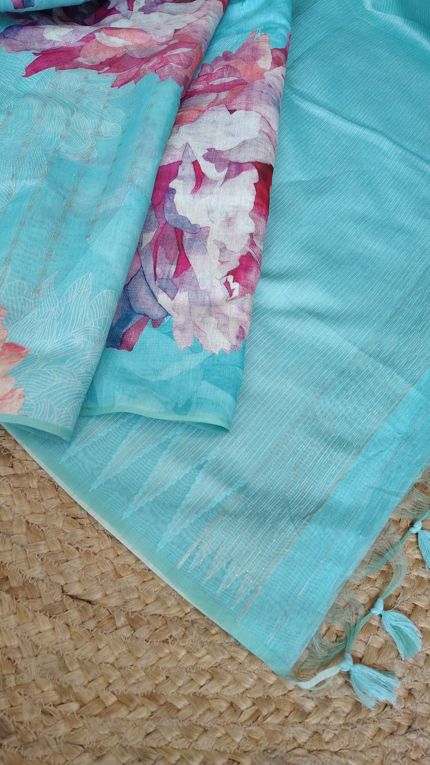 Pastel Floral Linen Silk Saree with Blouse | Lightweight Summer Linen Saree for Women