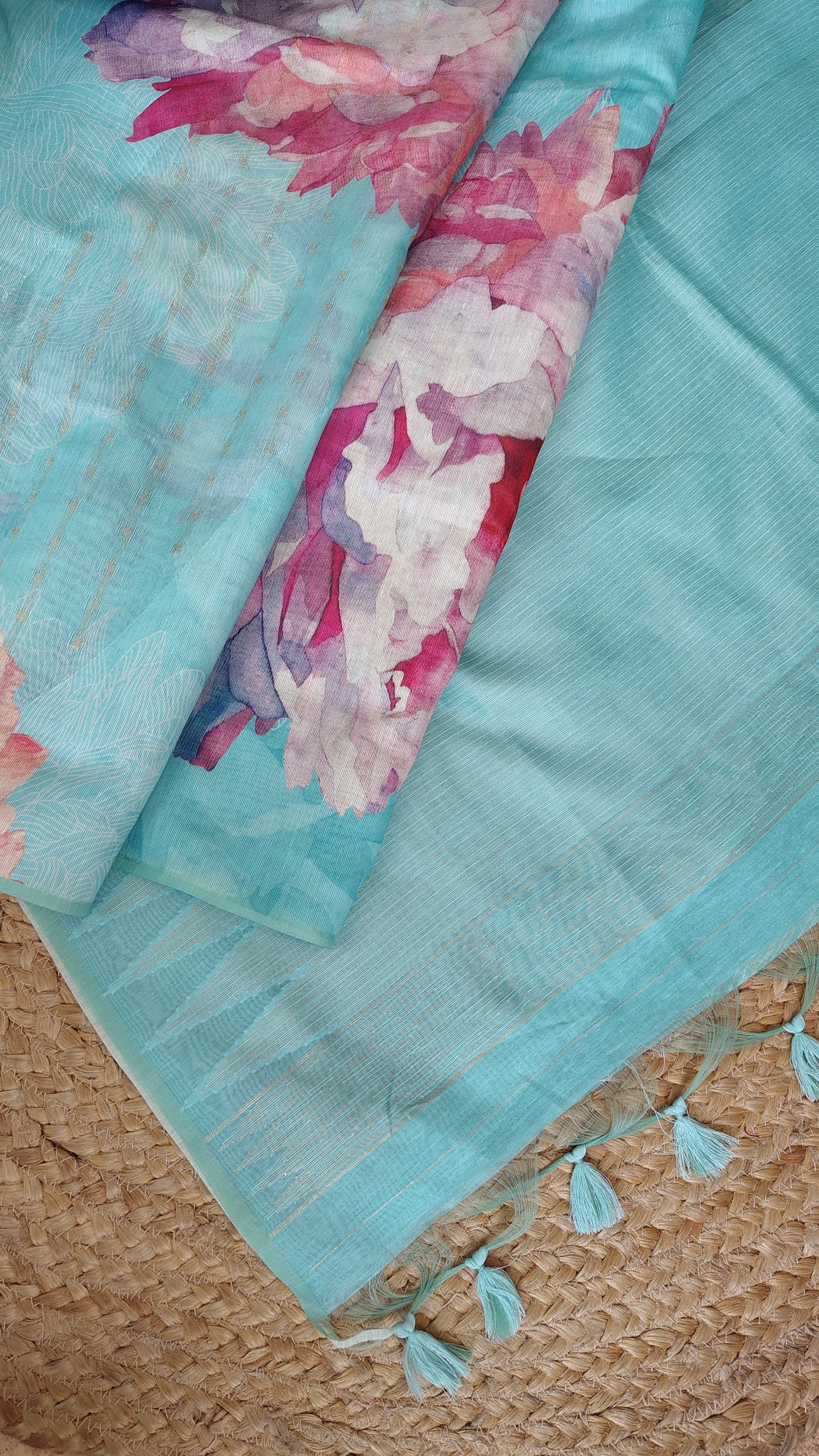 Pastel Floral Linen Silk Saree with Blouse | Lightweight Summer Linen Saree for Women